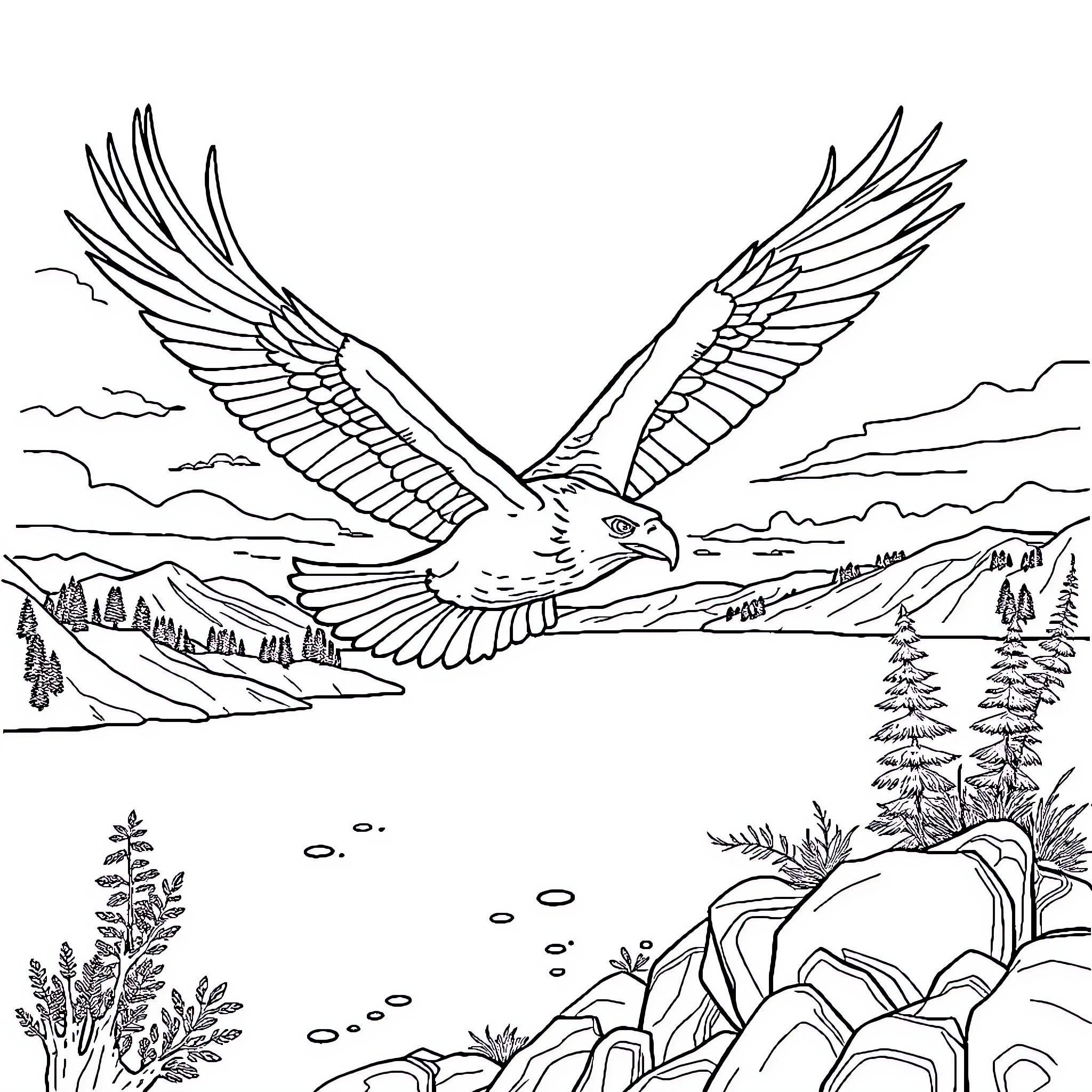 Eagle soaring majestically over rugged landscape Coloring Page (free black-and-white line drawing printable PDF for all, from beginners to advanced learners, including children, teens, adults, and seniors)