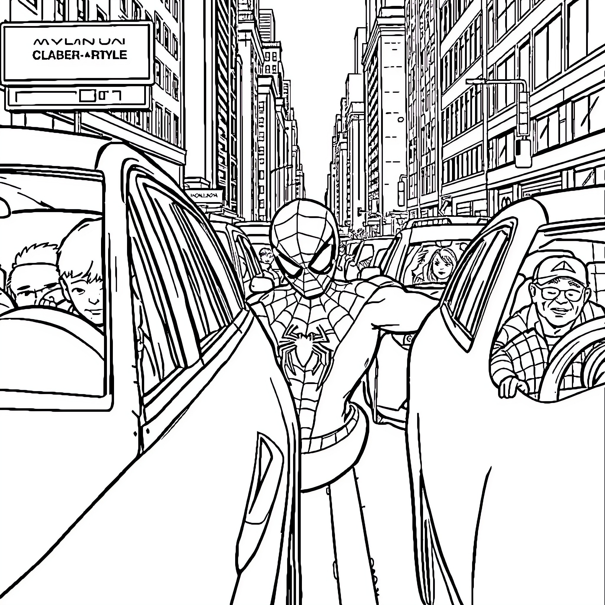 Spiderman swinging through the busy city streets Coloring Page (free black-and-white line drawing printable PDF for all, from beginners to advanced learners, including children, teens, adults, and seniors)
