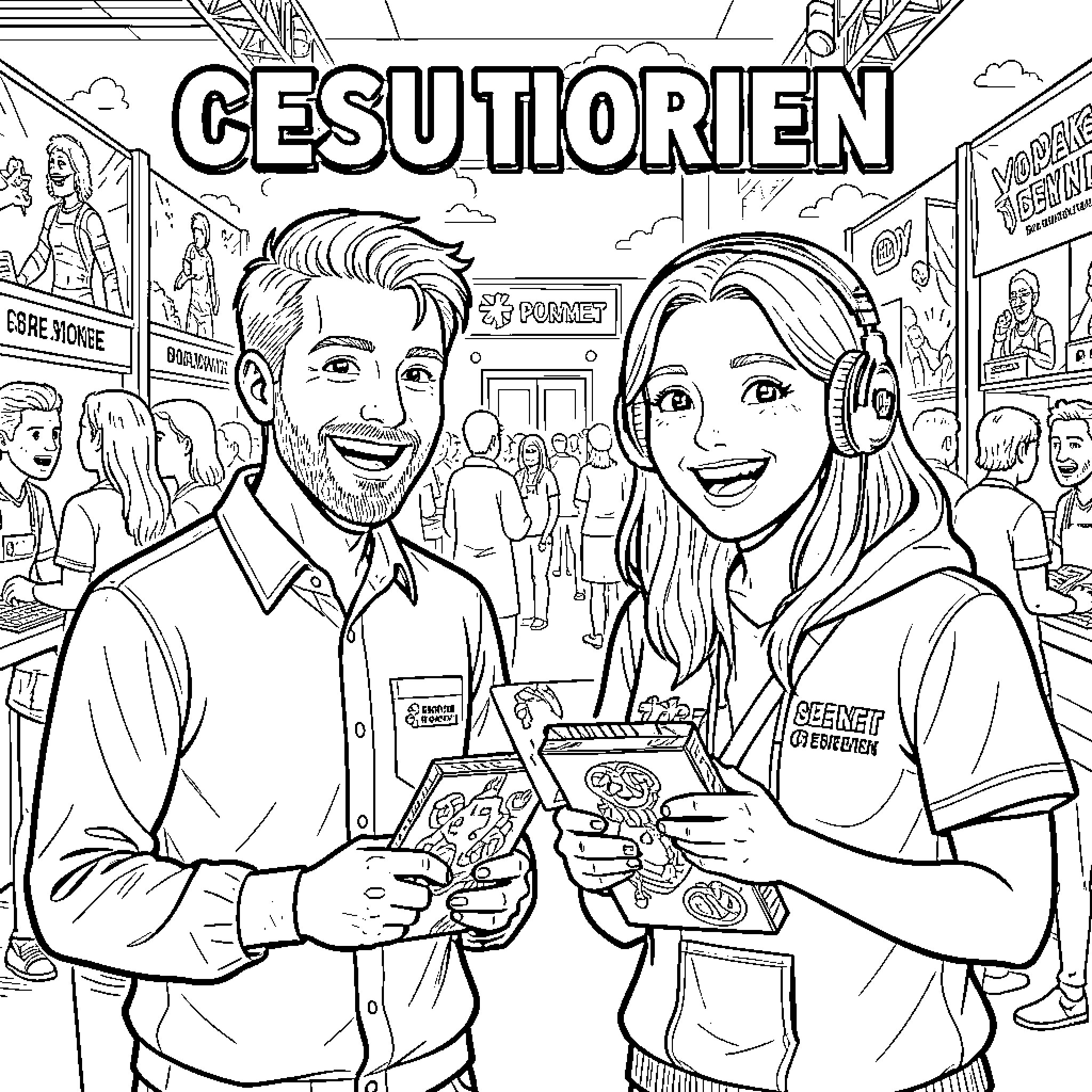 Player Employees at Video Game Store Coloring Page (free black-and-white line drawing printable PDF for all, from beginners to advanced learners, including children, teens, adults, and seniors)