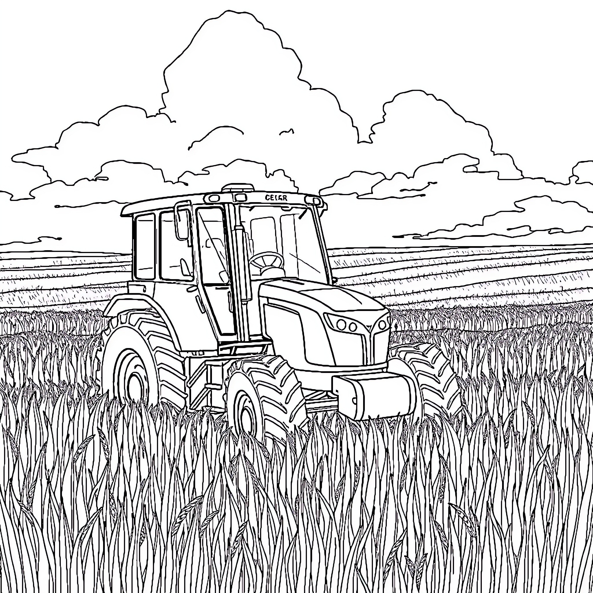 Tractor plowing through lush farmland Coloring Page (free black-and-white line drawing printable PDF for all, from beginners to advanced learners, including children, teens, adults, and seniors)