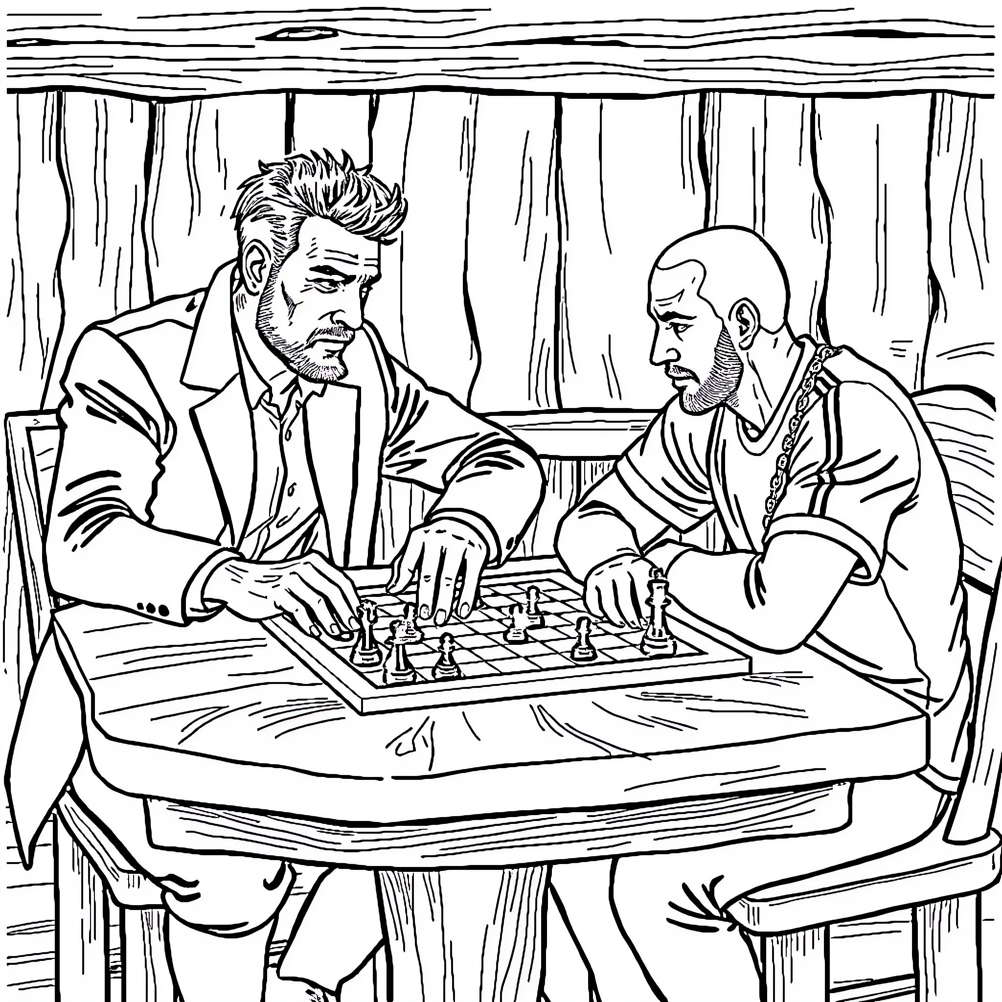 Vegeta playing chess with an opponent Coloring Page (free black-and-white line drawing printable PDF for all, from beginners to advanced learners, including children, teens, adults, and seniors)