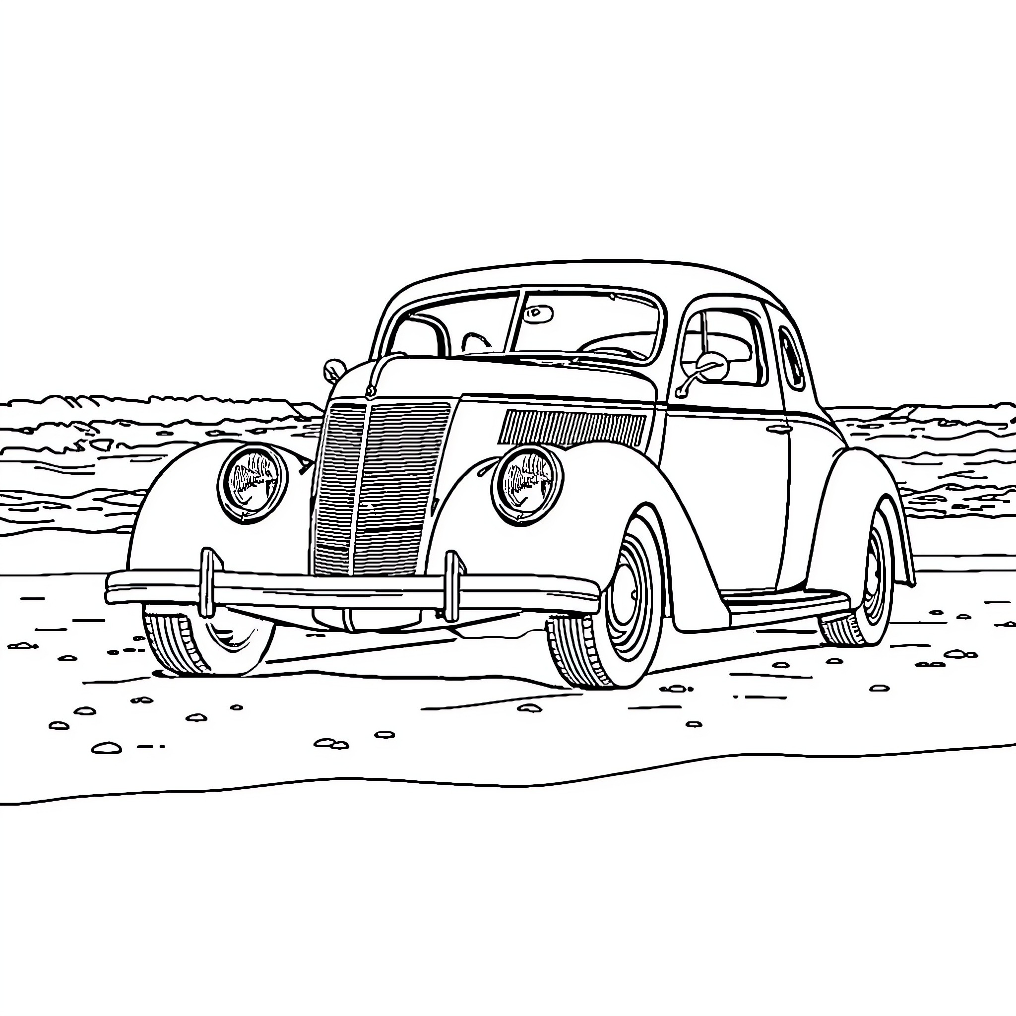 Ford Classic Vintage Car on Beach Landscape Coloring Page (free black-and-white line drawing printable PDF for all, from beginners to advanced learners, including children, teens, adults, and seniors)