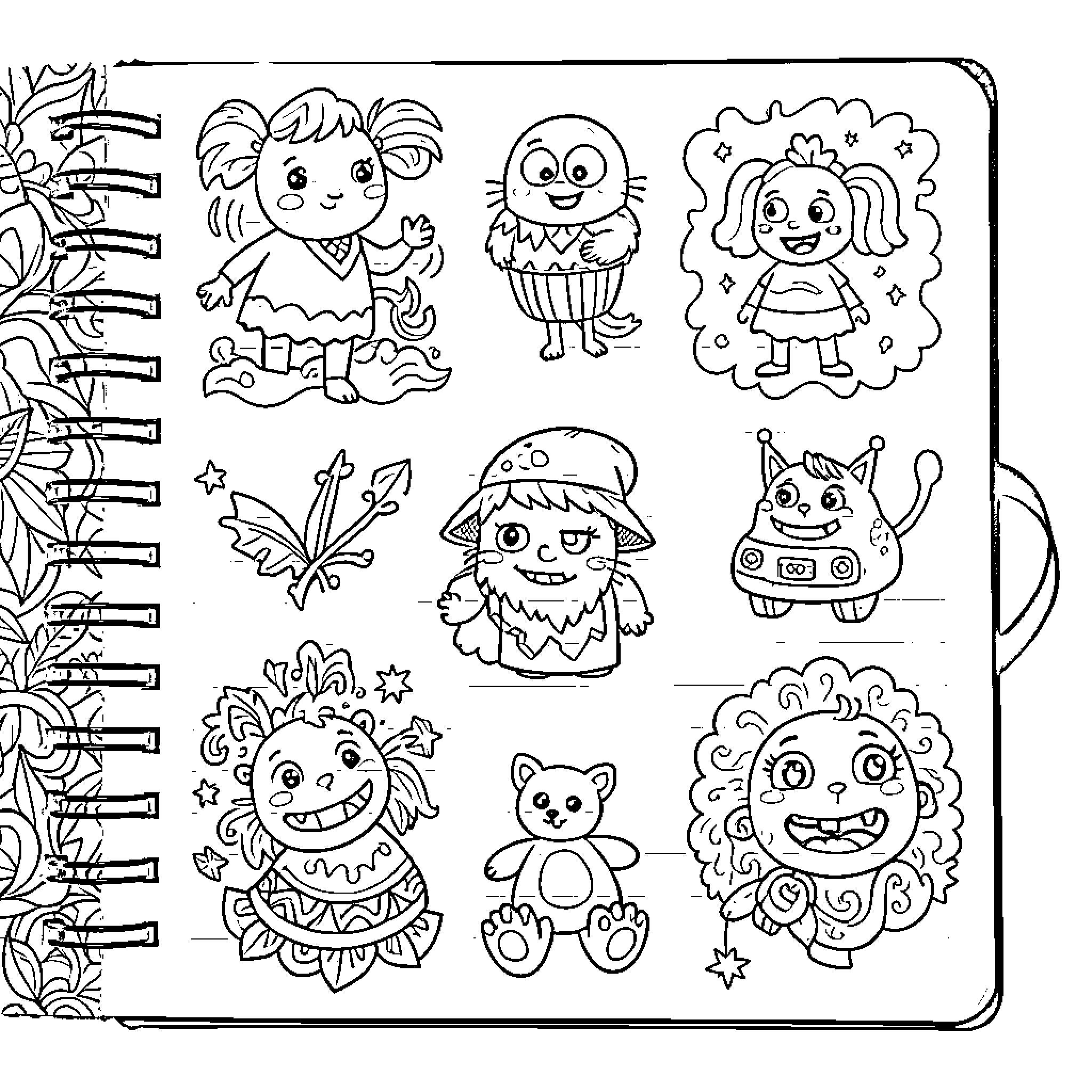 Doodle of Cute and Whimsical Characters Coloring Page (free black-and-white line drawing printable PDF for all, from beginners to advanced learners, including children, teens, adults, and seniors)