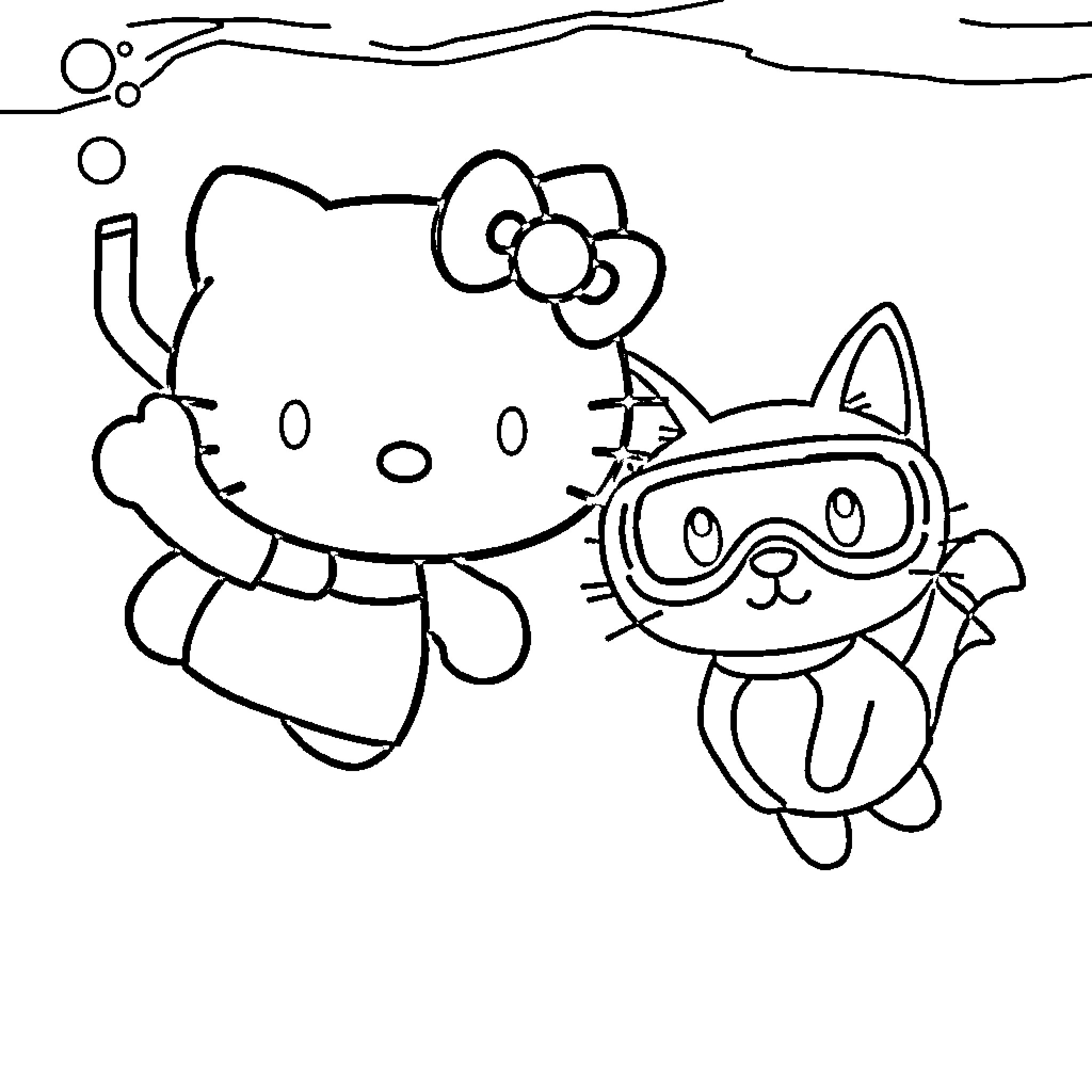 Hello Kitty playing with her kitten friend Coloring Page (free black-and-white line drawing printable PDF for all, from beginners to advanced learners, including children, teens, adults, and seniors)