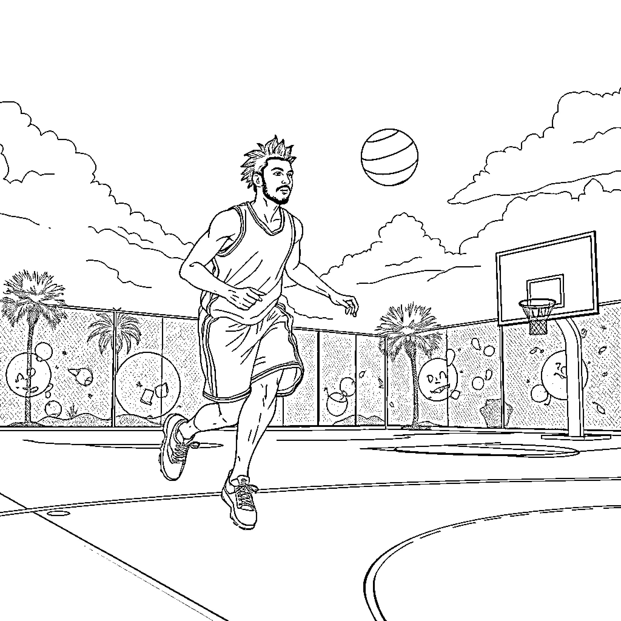 Lamine Yamal playing basketball on outdoor court Coloring Page (free black-and-white line drawing printable PDF for all, from beginners to advanced learners, including children, teens, adults, and seniors)