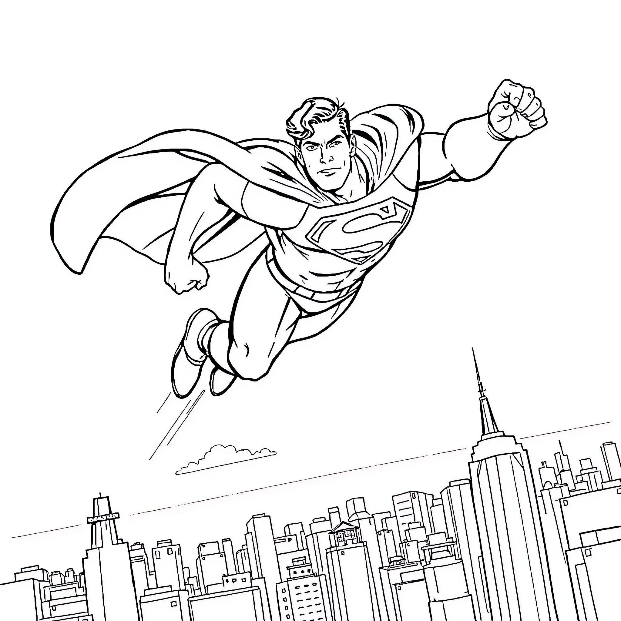 Superman soaring over the city skyline Coloring Page (free black-and-white line drawing printable PDF for all, from beginners to advanced learners, including children, teens, adults, and seniors)
