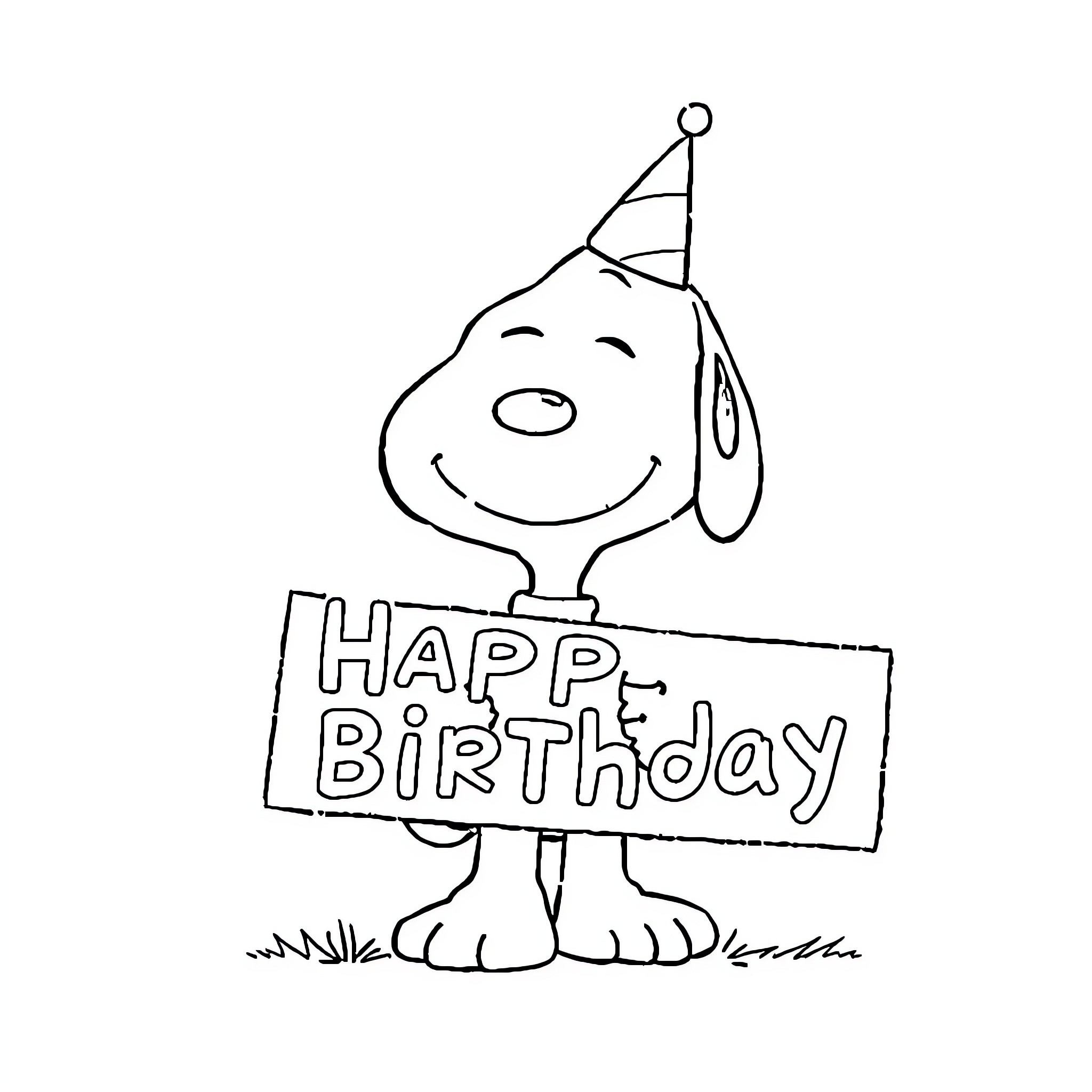 Snoopy celebrating his birthday Coloring Page (free black-and-white line drawing printable PDF for all, from beginners to advanced learners, including children, teens, adults, and seniors)