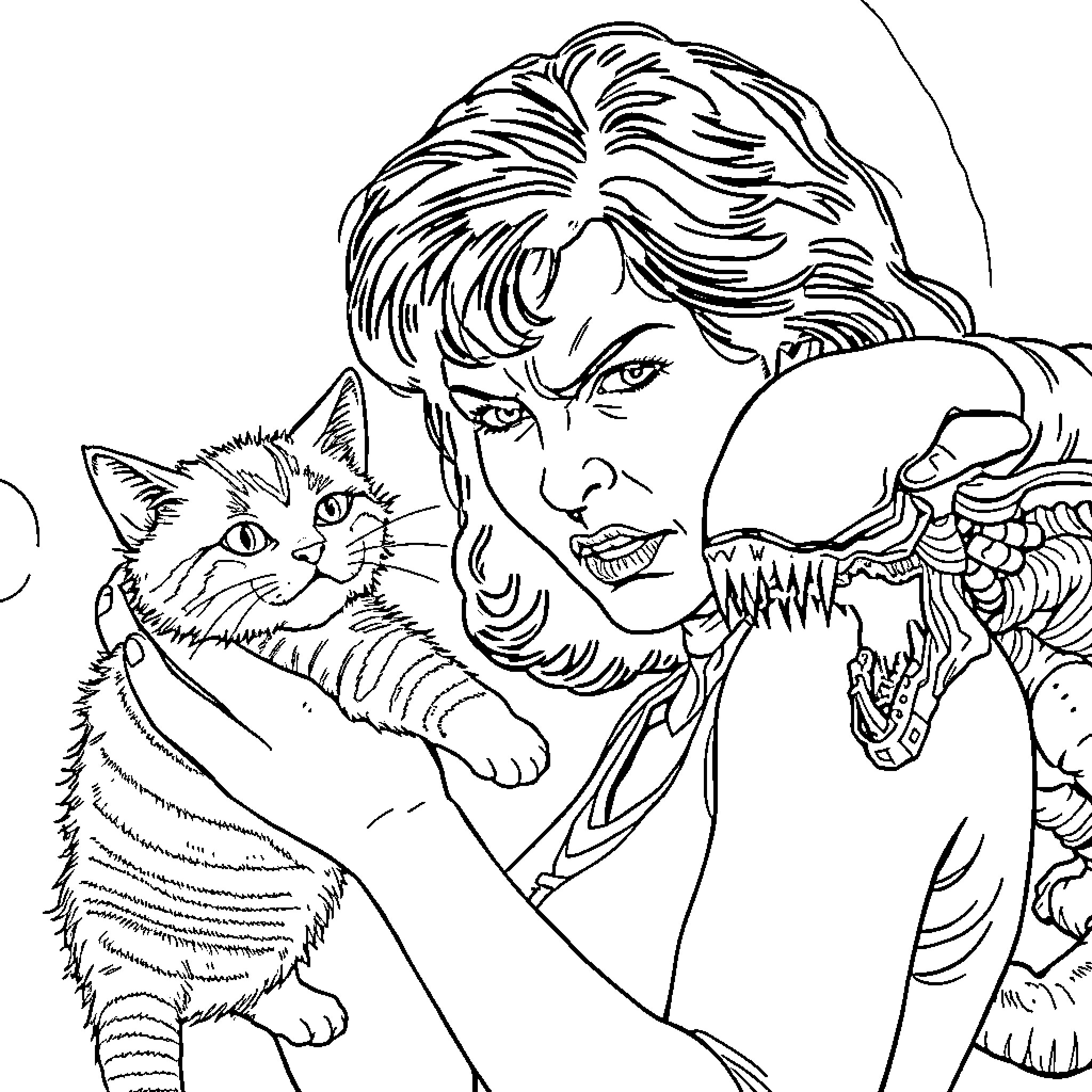 Ripley's encounter with a furry friend and a fearsome creature Coloring Page (free black-and-white line drawing printable PDF for all, from beginners to advanced learners, including children, teens, adults, and seniors)