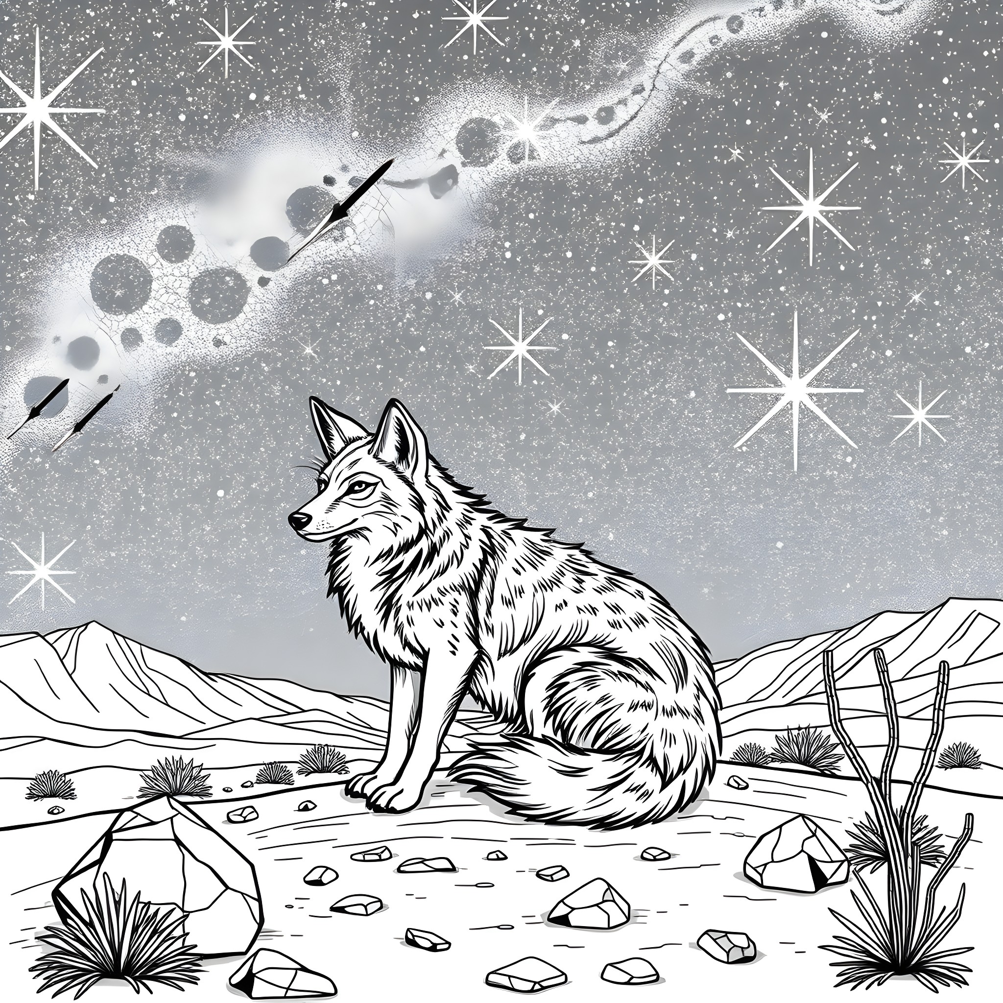 Coyote gazing at the starry night sky Coloring Page (free black-and-white line drawing printable PDF for all, from beginners to advanced learners, including children, teens, adults, and seniors)