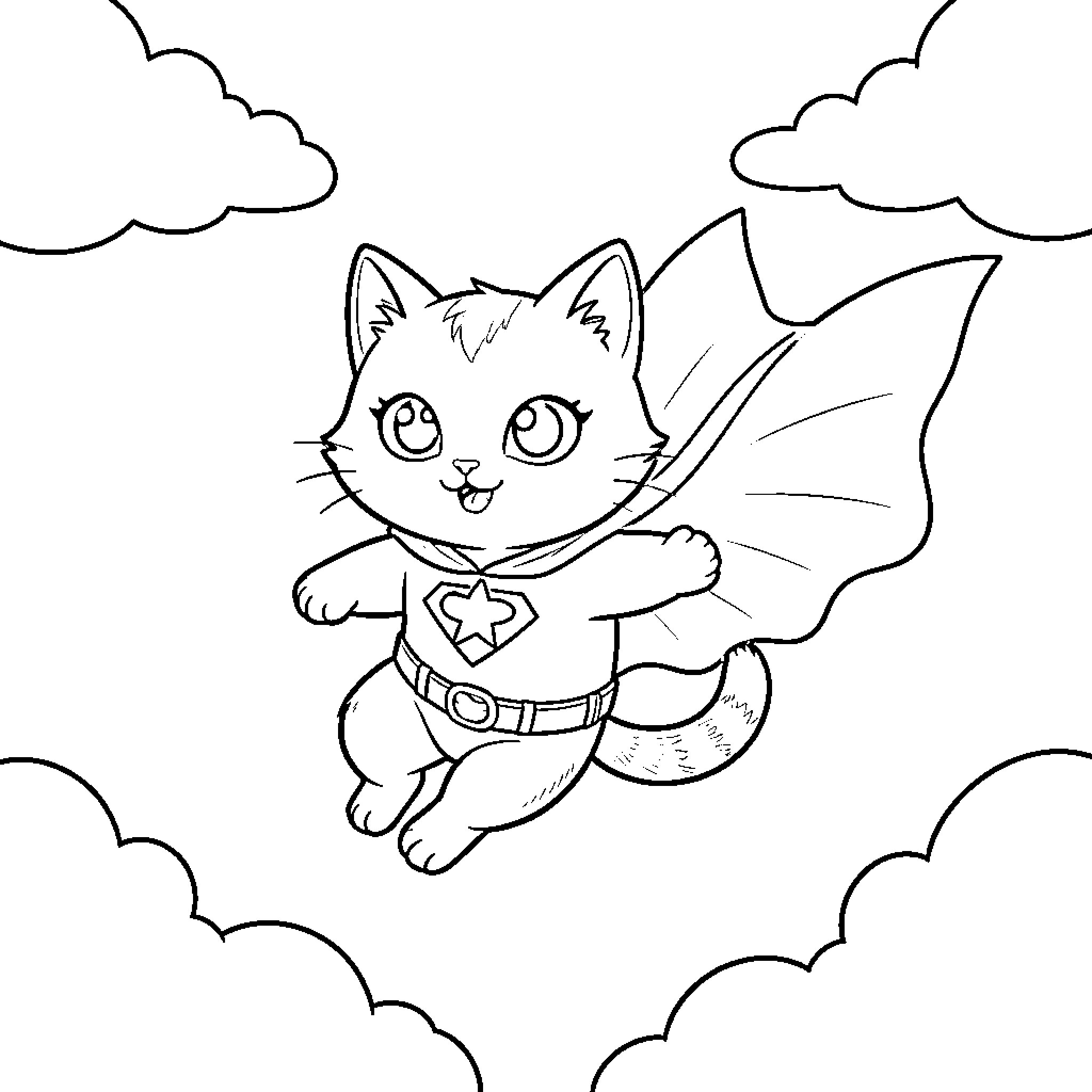Super Cat flying through the clouds Coloring Page (free black-and-white line drawing printable PDF for all, from beginners to advanced learners, including children, teens, adults, and seniors)