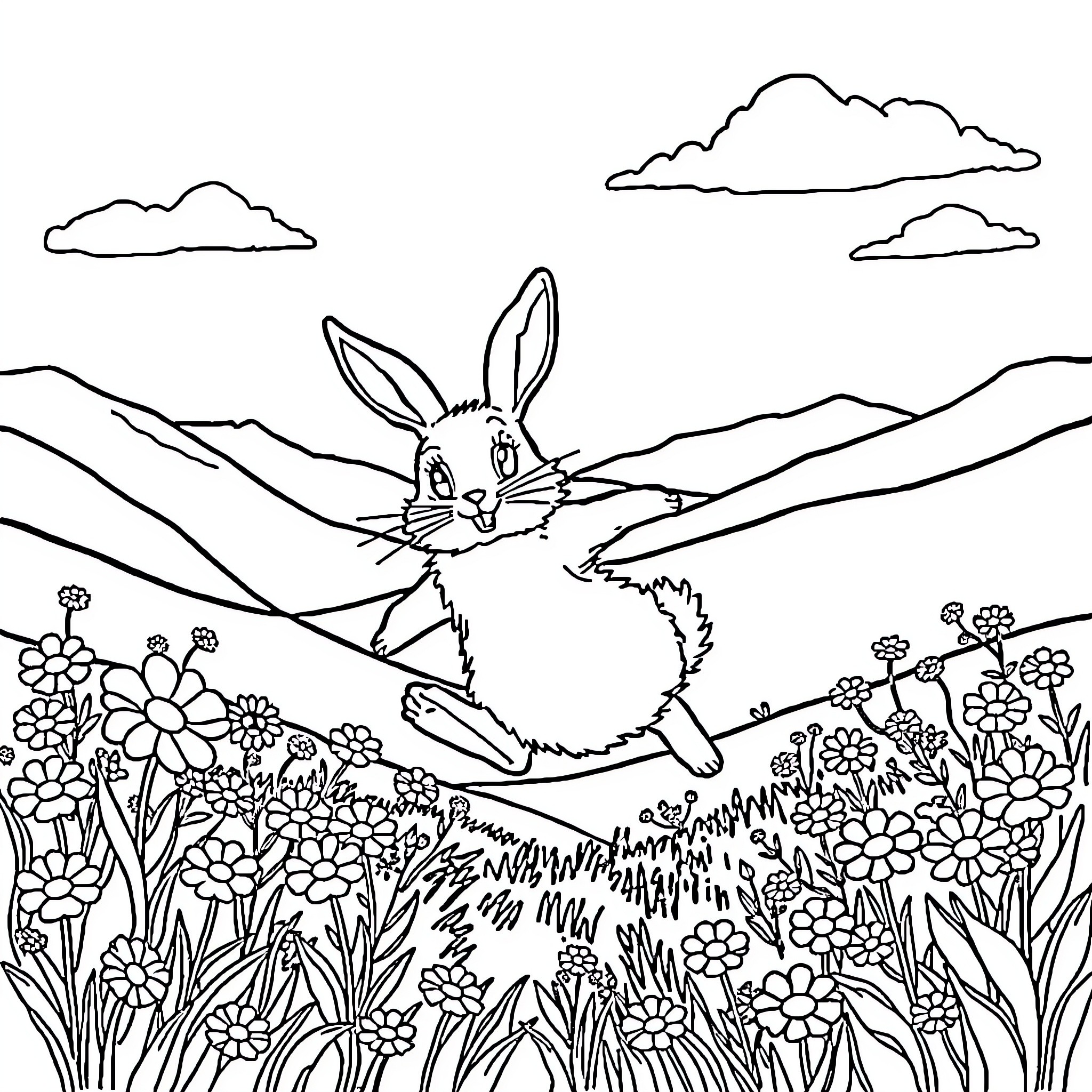 Rabbit Enjoying Nature's Beauty in the Mountains Coloring Page (free black-and-white line drawing printable PDF for all, from beginners to advanced learners, including children, teens, adults, and seniors)