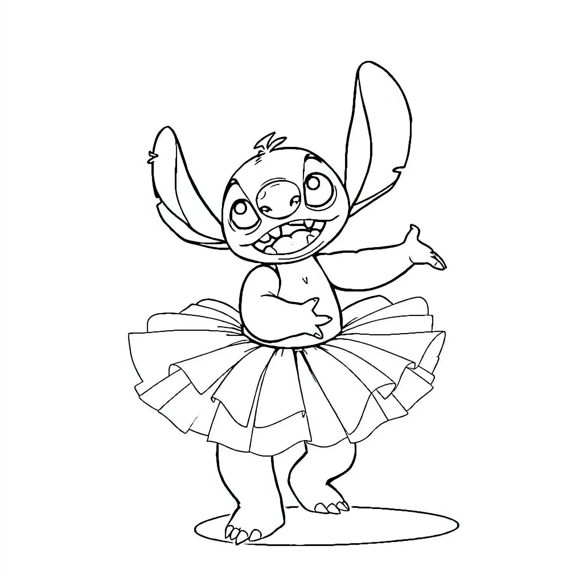 Stitch dancing joyfully in frilly skirt Coloring Page (free black-and-white line drawing printable PDF for all, from beginners to advanced learners, including children, teens, adults, and seniors)