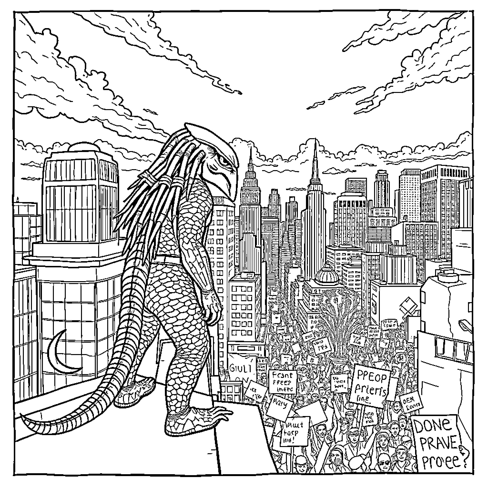 Predator stalking the city streets Coloring Page (free black-and-white line drawing printable PDF for all, from beginners to advanced learners, including children, teens, adults, and seniors)