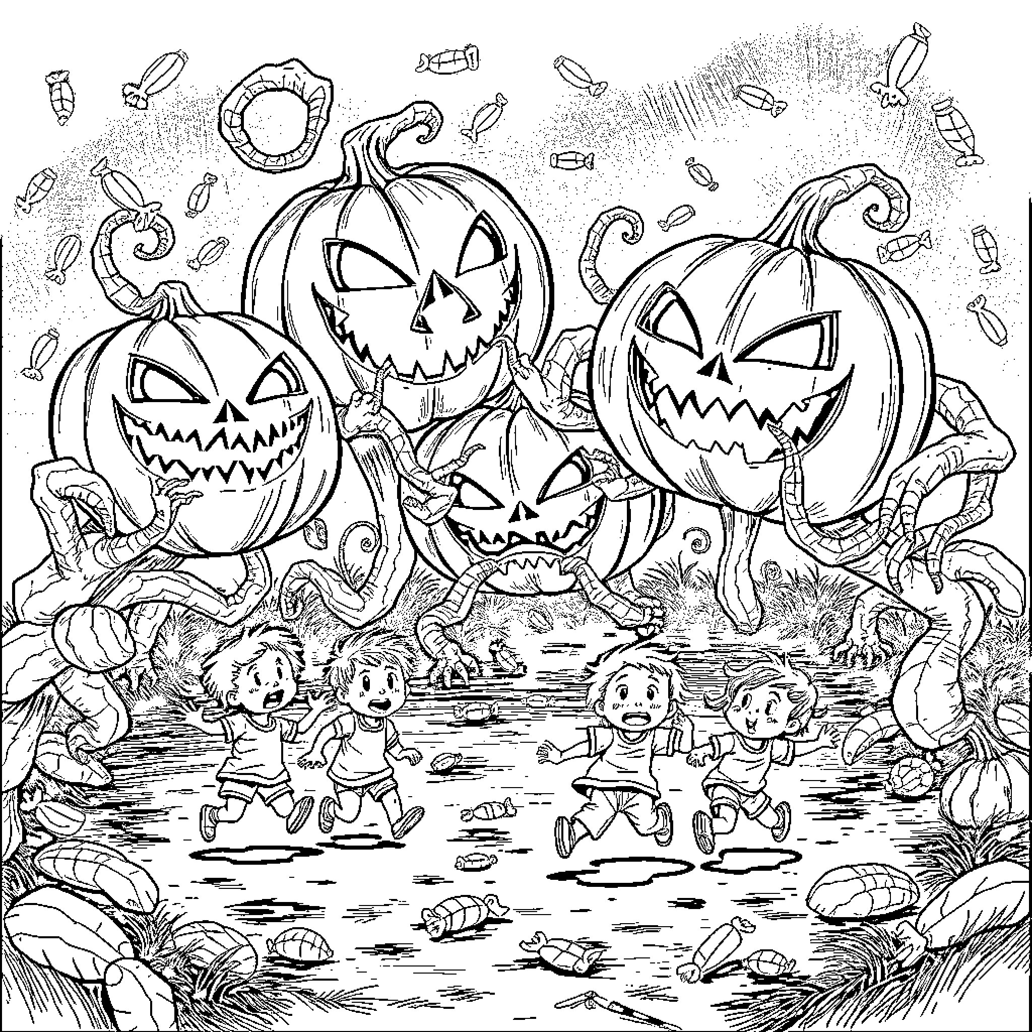 Pumpkin-headed creatures frolic with children in the woods Coloring Page (free black-and-white line drawing printable PDF for all, from beginners to advanced learners, including children, teens, adults, and seniors)