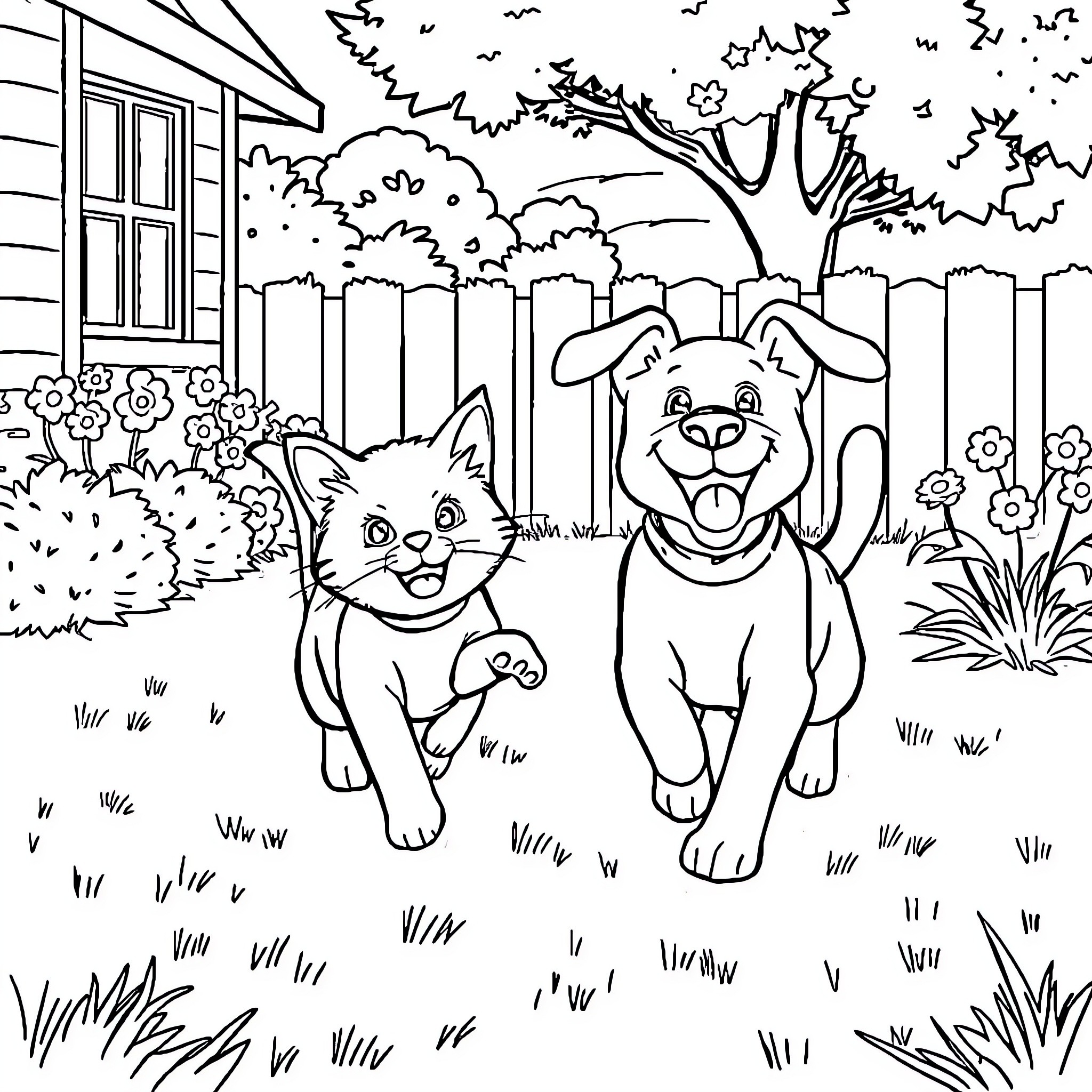 Cat and dog playing in a garden Coloring Page (free black-and-white line drawing printable PDF for all, from beginners to advanced learners, including children, teens, adults, and seniors)