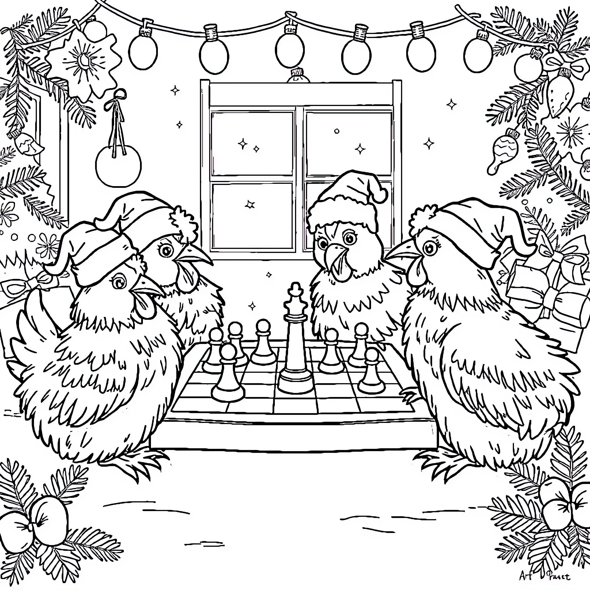 Chicken Duo Playing Chess on Christmas Eve Coloring Page (free black-and-white line drawing printable PDF for all, from beginners to advanced learners, including children, teens, adults, and seniors)