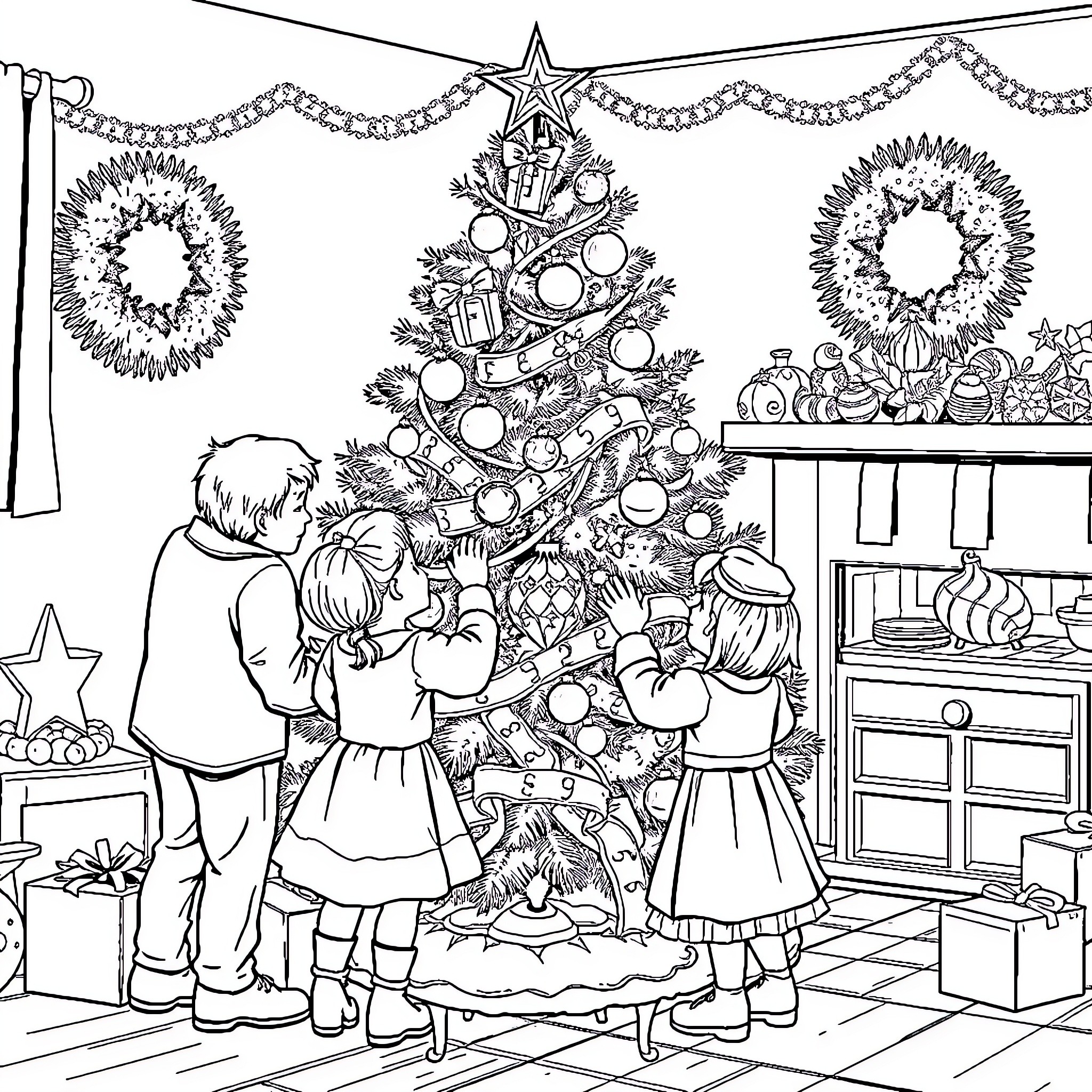 Christmas Tree with Decorating Family Coloring Page (free black-and-white line drawing printable PDF for all, from beginners to advanced learners, including children, teens, adults, and seniors)