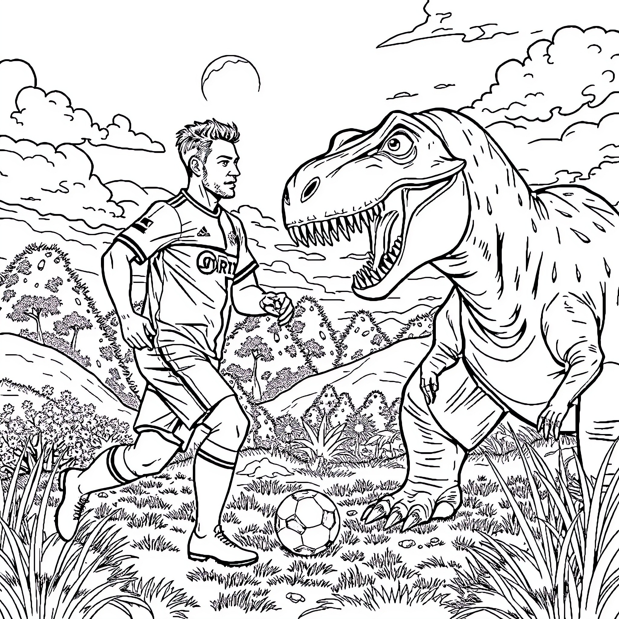Player confronts a fearsome prehistoric creature Coloring Page (free black-and-white line drawing printable PDF for all, from beginners to advanced learners, including children, teens, adults, and seniors)