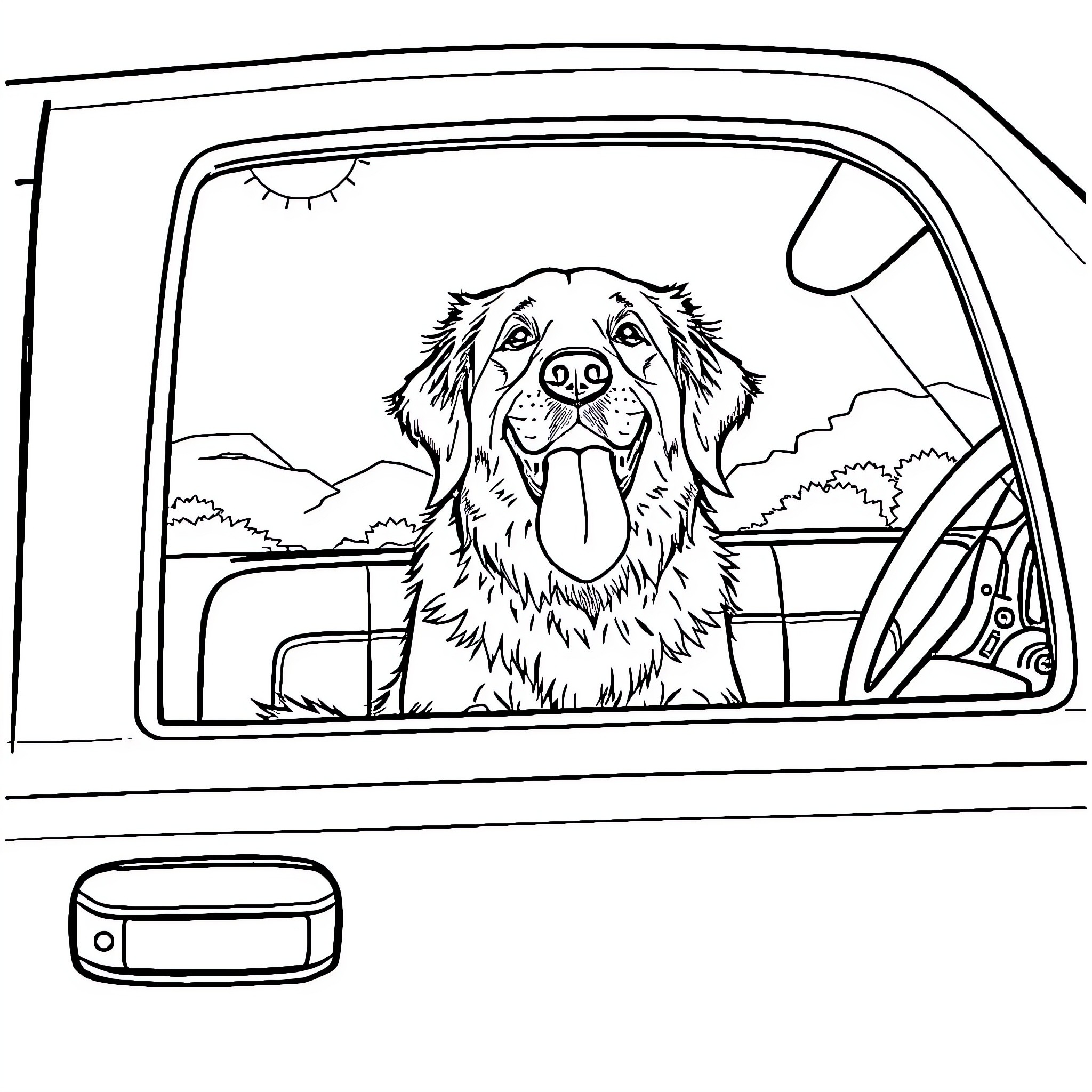 Golden Retriever enjoying the view from a car window Coloring Page (free black-and-white line drawing printable PDF for all, from beginners to advanced learners, including children, teens, adults, and seniors)