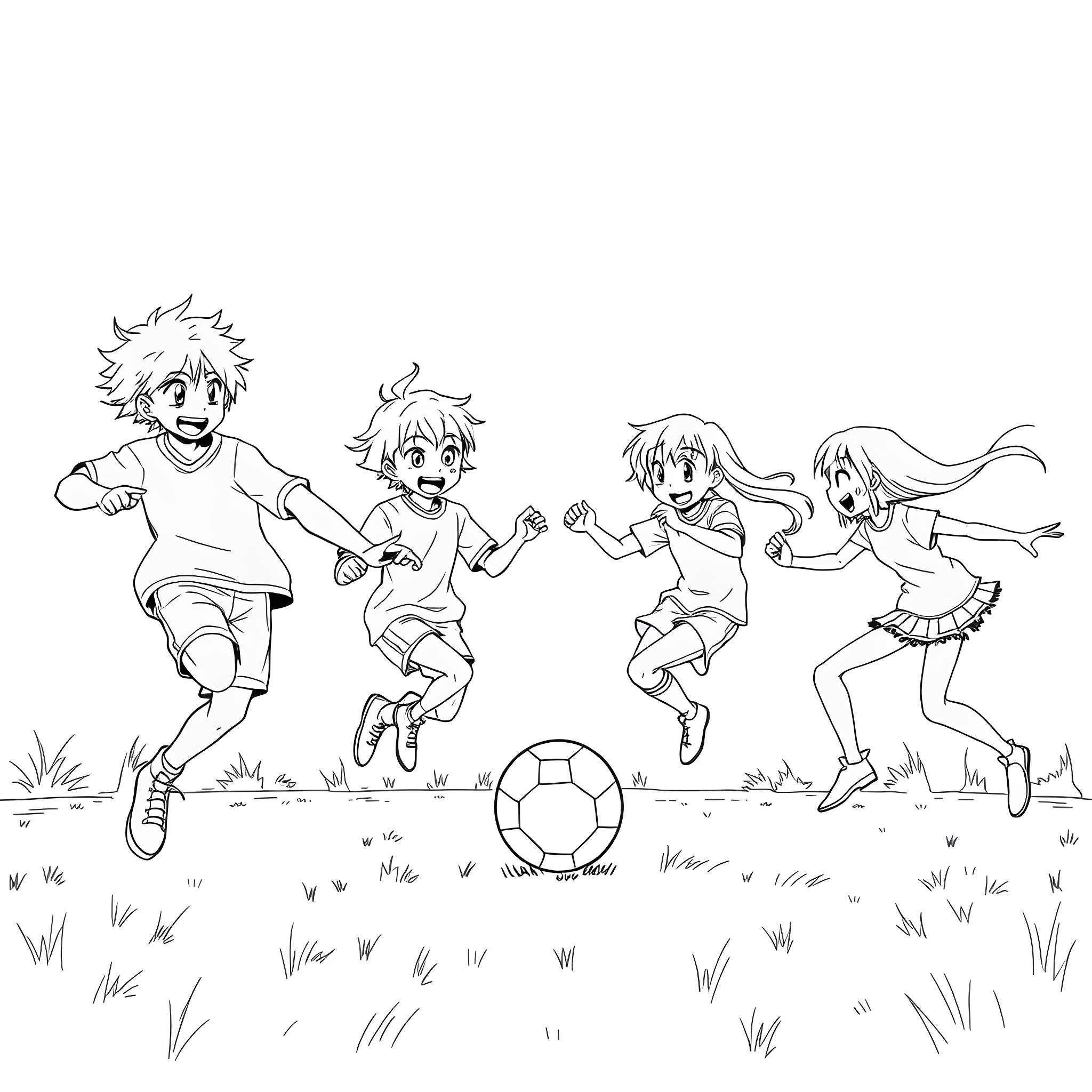 Anime Girls Playing Soccer Joyfully Coloring Page (free black-and-white line drawing printable PDF for all, from beginners to advanced learners, including children, teens, adults, and seniors)