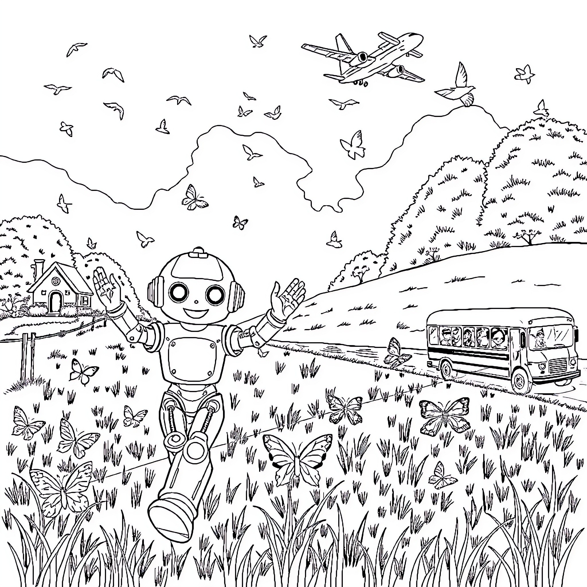 Robot Exploring Nature's Wonders in the Countryside Coloring Page (free black-and-white line drawing printable PDF for all, from beginners to advanced learners, including children, teens, adults, and seniors)