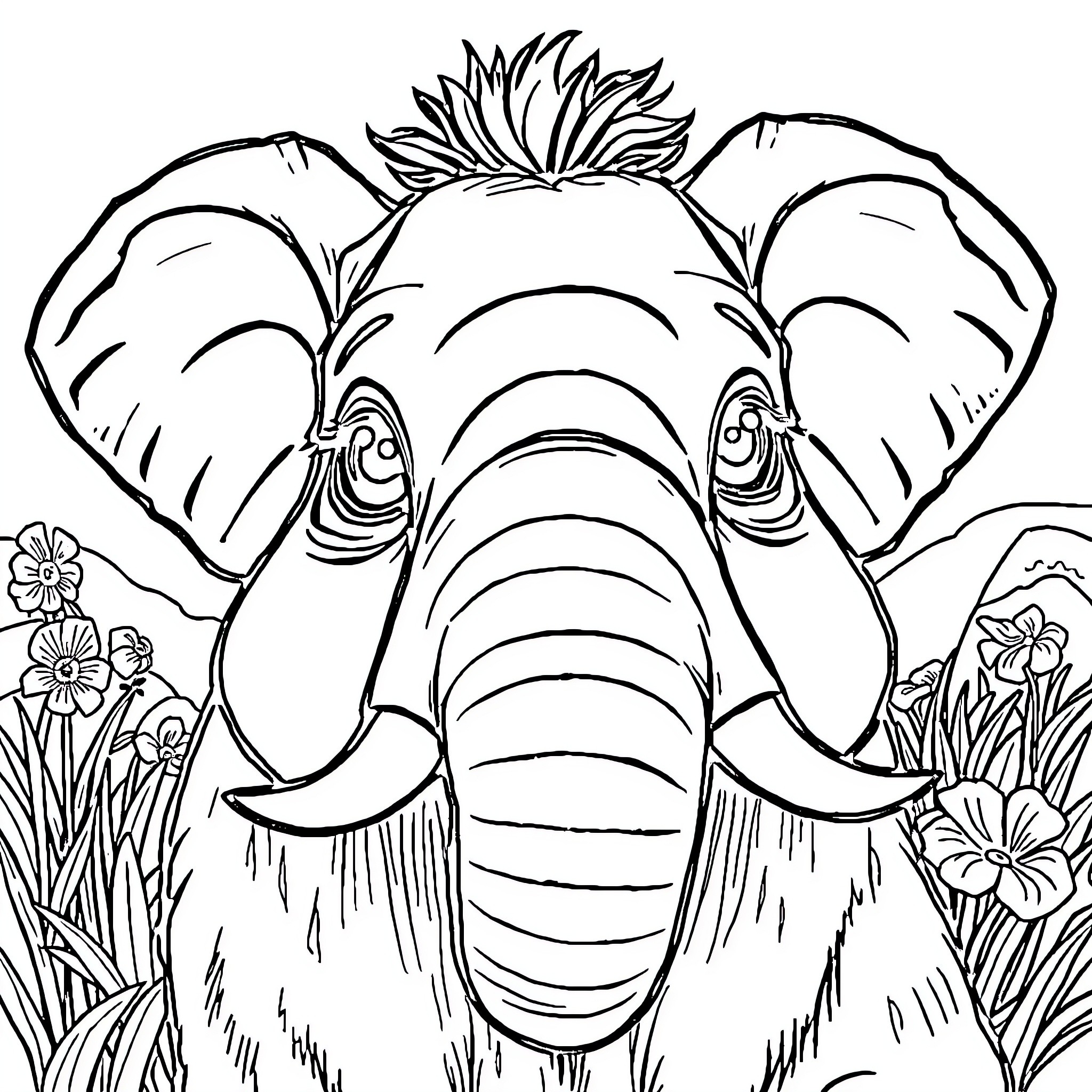 Elephant Car Playing in a Floral Field Coloring Page (free black-and-white line drawing printable PDF for all, from beginners to advanced learners, including children, teens, adults, and seniors)
