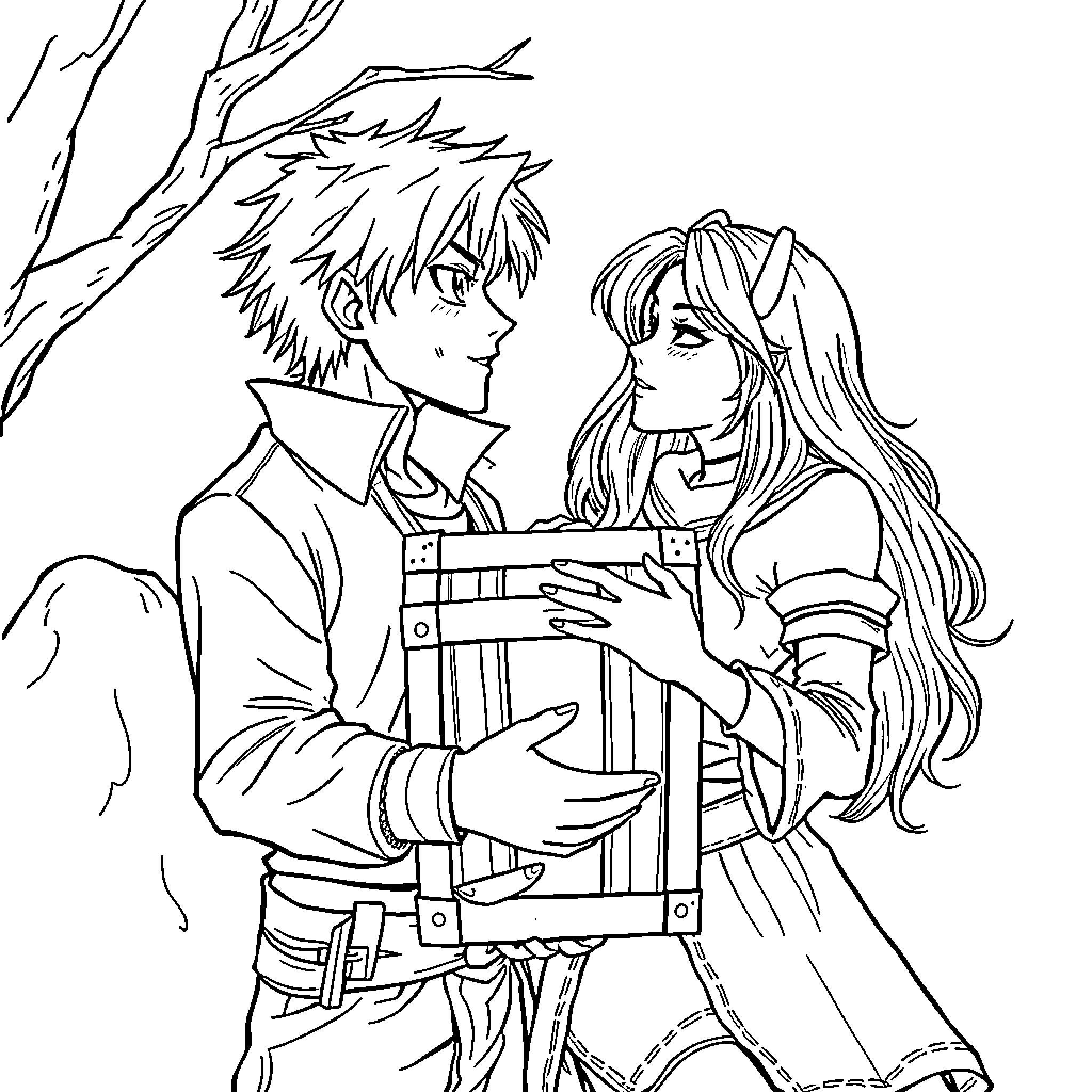 Demon Slayer - Intimate Moment Between Characters Coloring Page (free black-and-white line drawing printable PDF for all, from beginners to advanced learners, including children, teens, adults, and seniors)