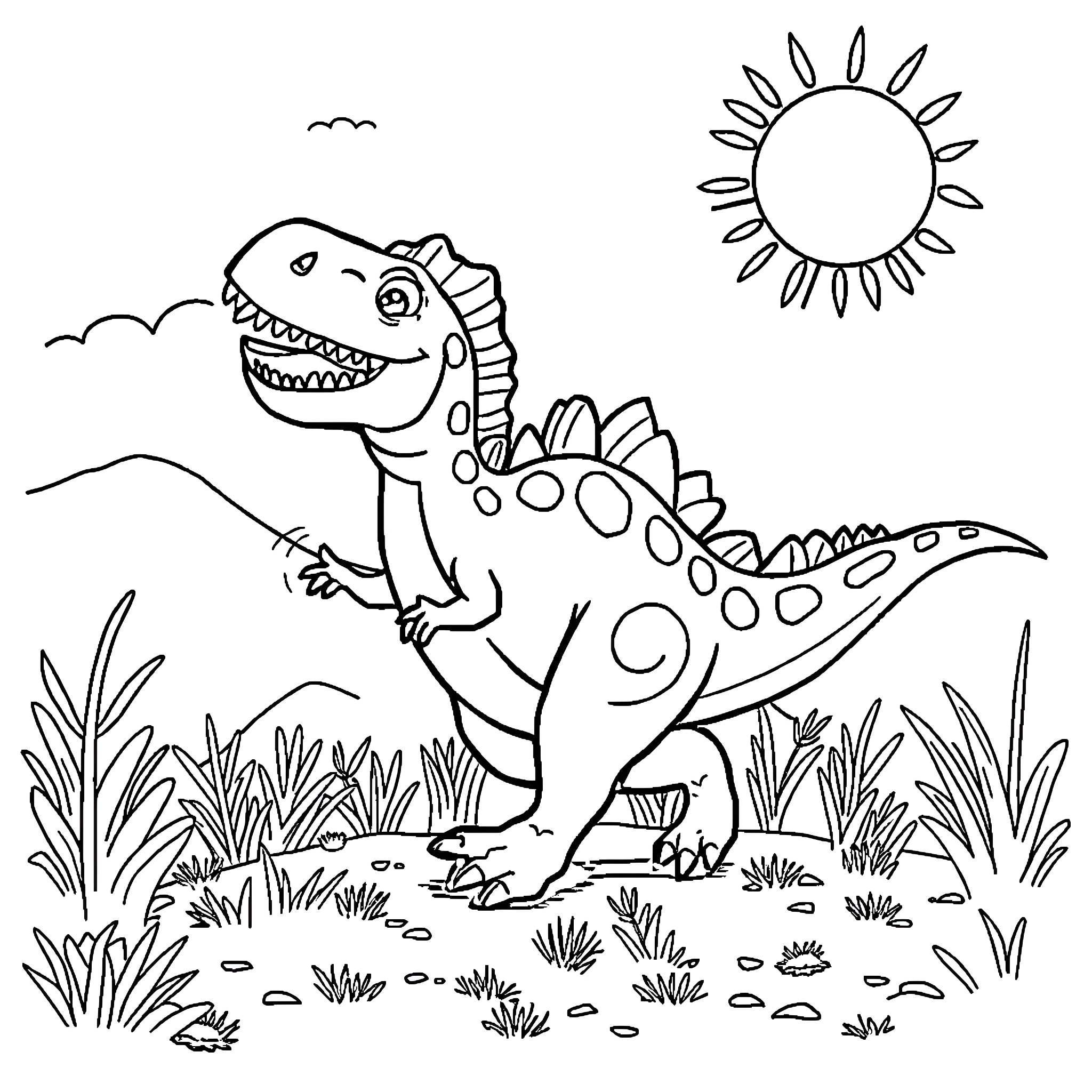 Dinosaur exploring nature under the sun Coloring Page (free black-and-white line drawing printable PDF for all, from beginners to advanced learners, including children, teens, adults, and seniors)