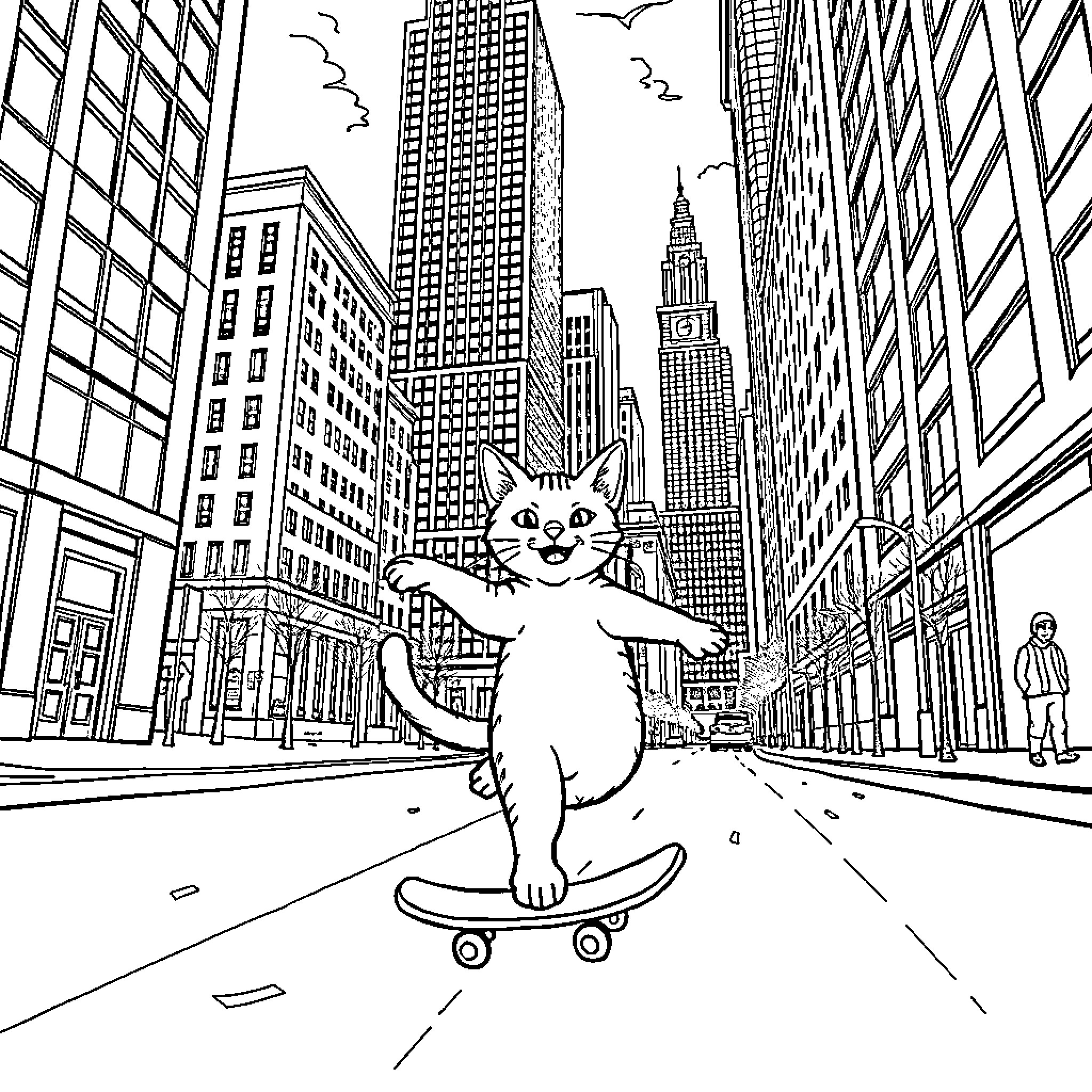 Cat riding skateboard in busy city Coloring Page (free black-and-white line drawing printable PDF for all, from beginners to advanced learners, including children, teens, adults, and seniors)