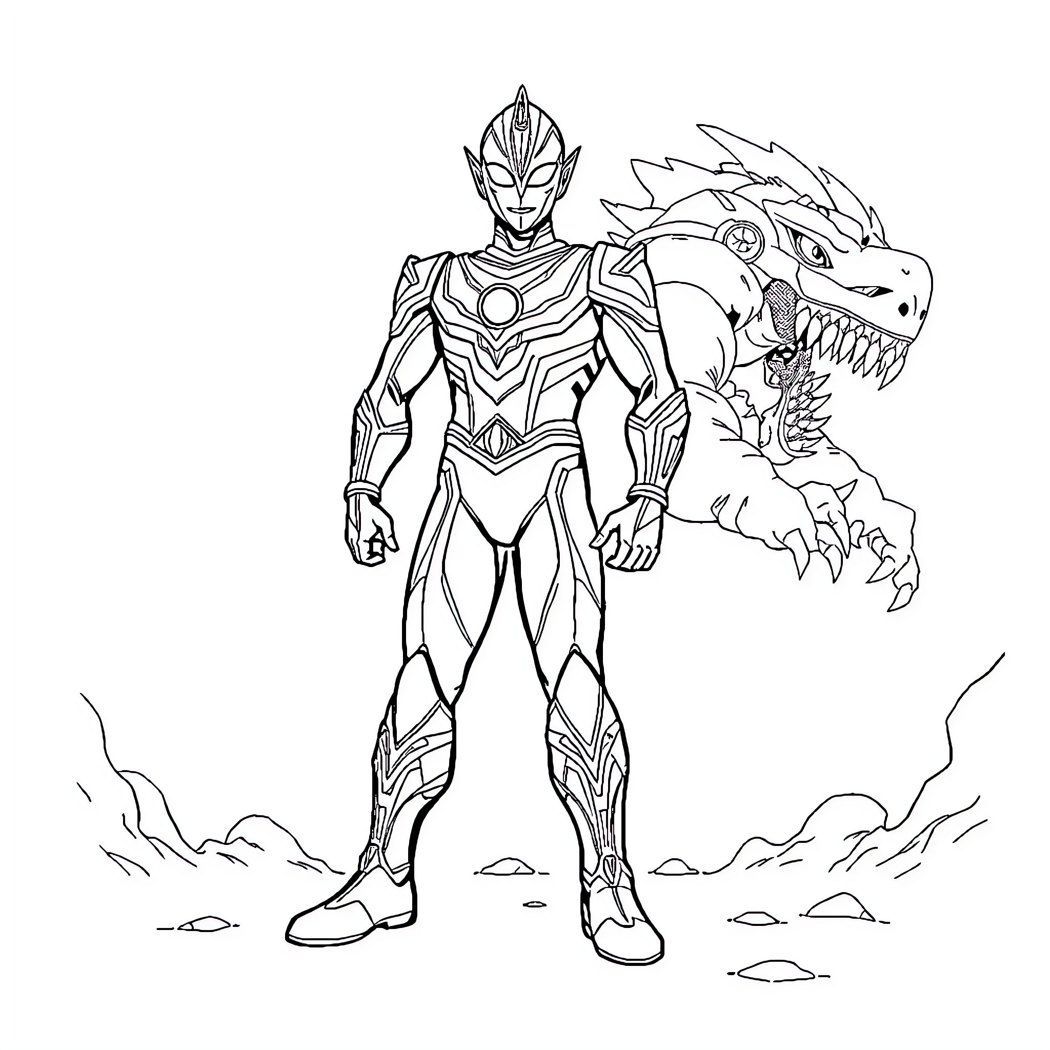 Ultraman Battling Fierce Kaiju Monster Coloring Page (free black-and-white line drawing printable PDF for all, from beginners to advanced learners, including children, teens, adults, and seniors)