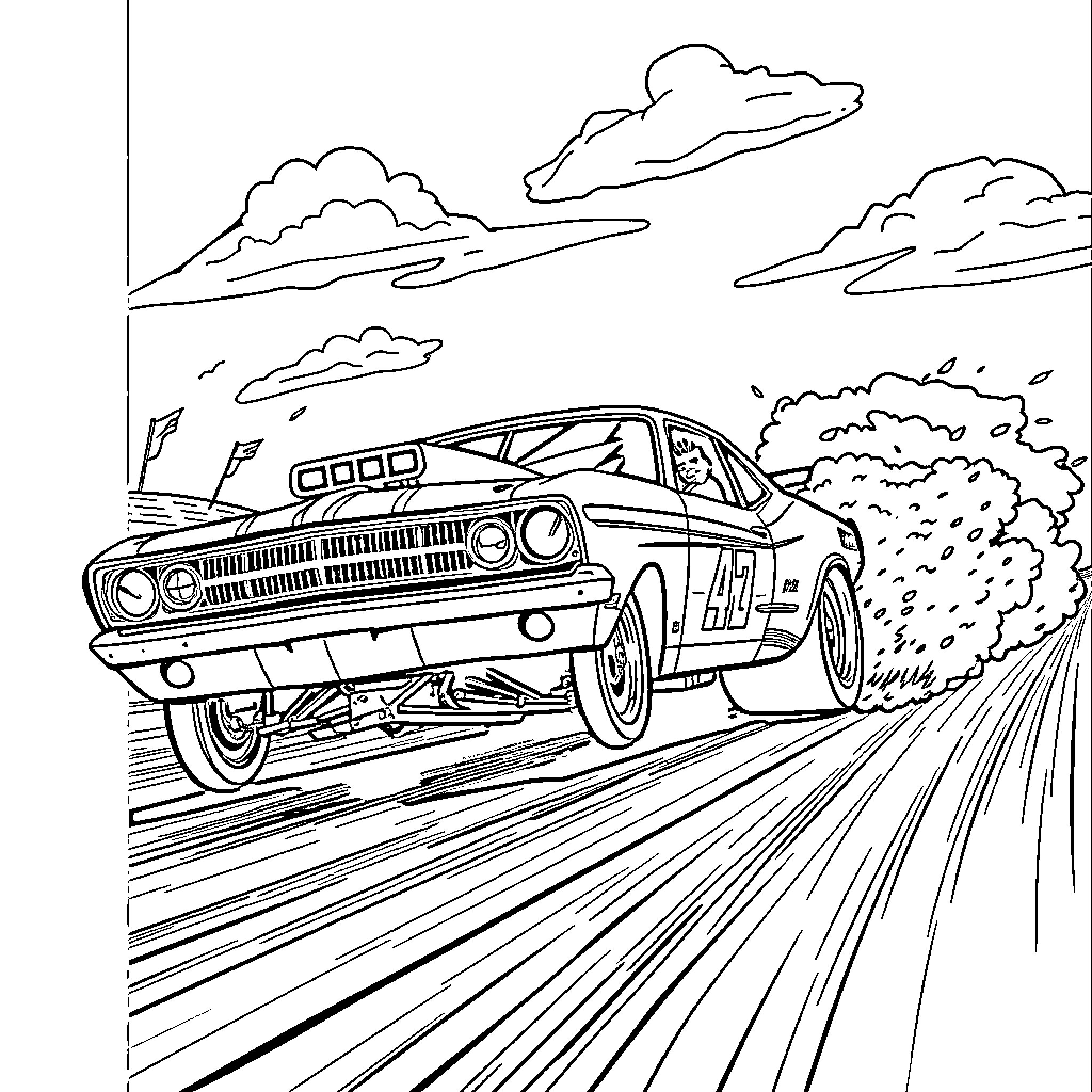 Drag Race Car speeding through the countryside Coloring Page (free black-and-white line drawing printable PDF for all, from beginners to advanced learners, including children, teens, adults, and seniors)