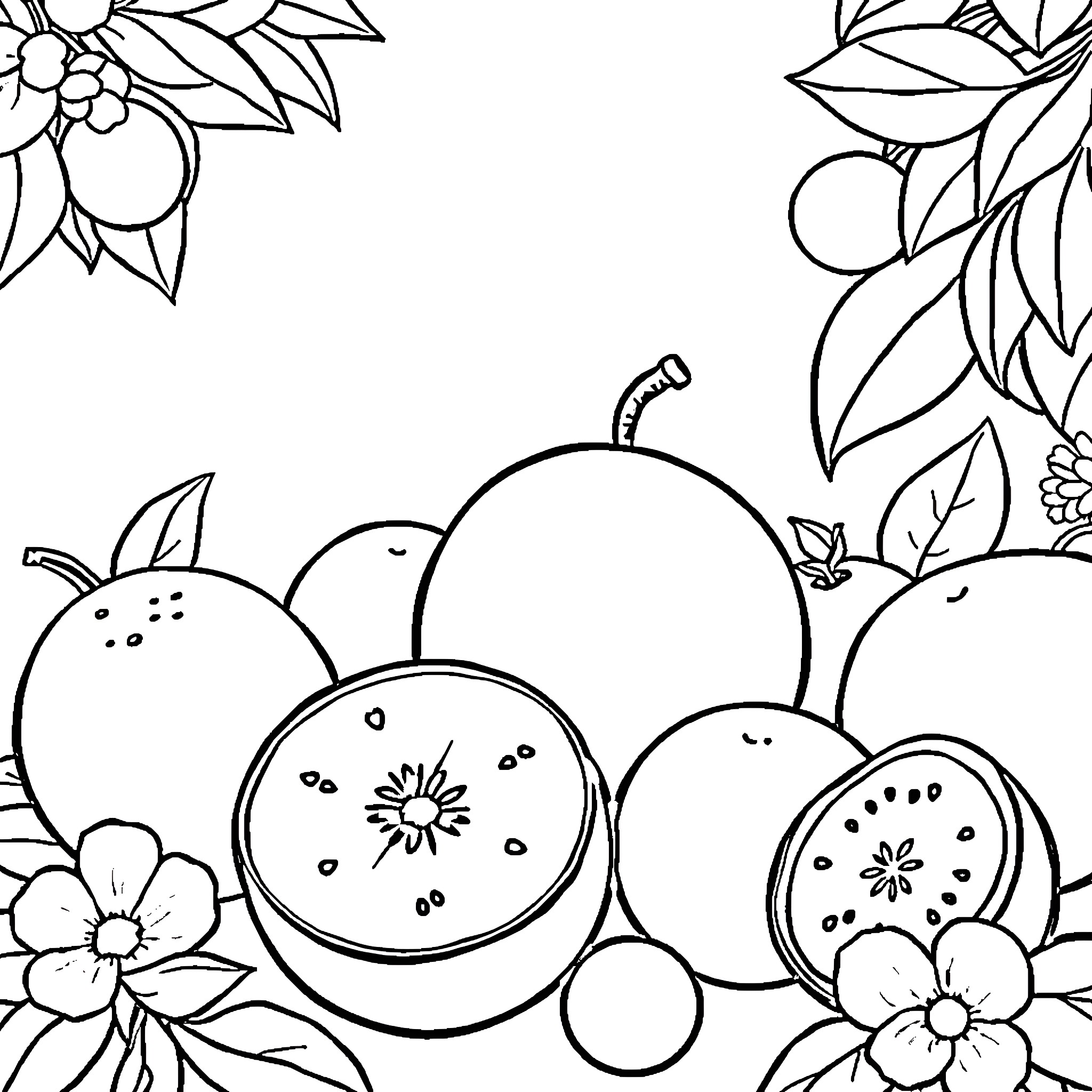 Fruit filled floral frame Coloring Page (free black-and-white line drawing printable PDF for all, from beginners to advanced learners, including children, teens, adults, and seniors)