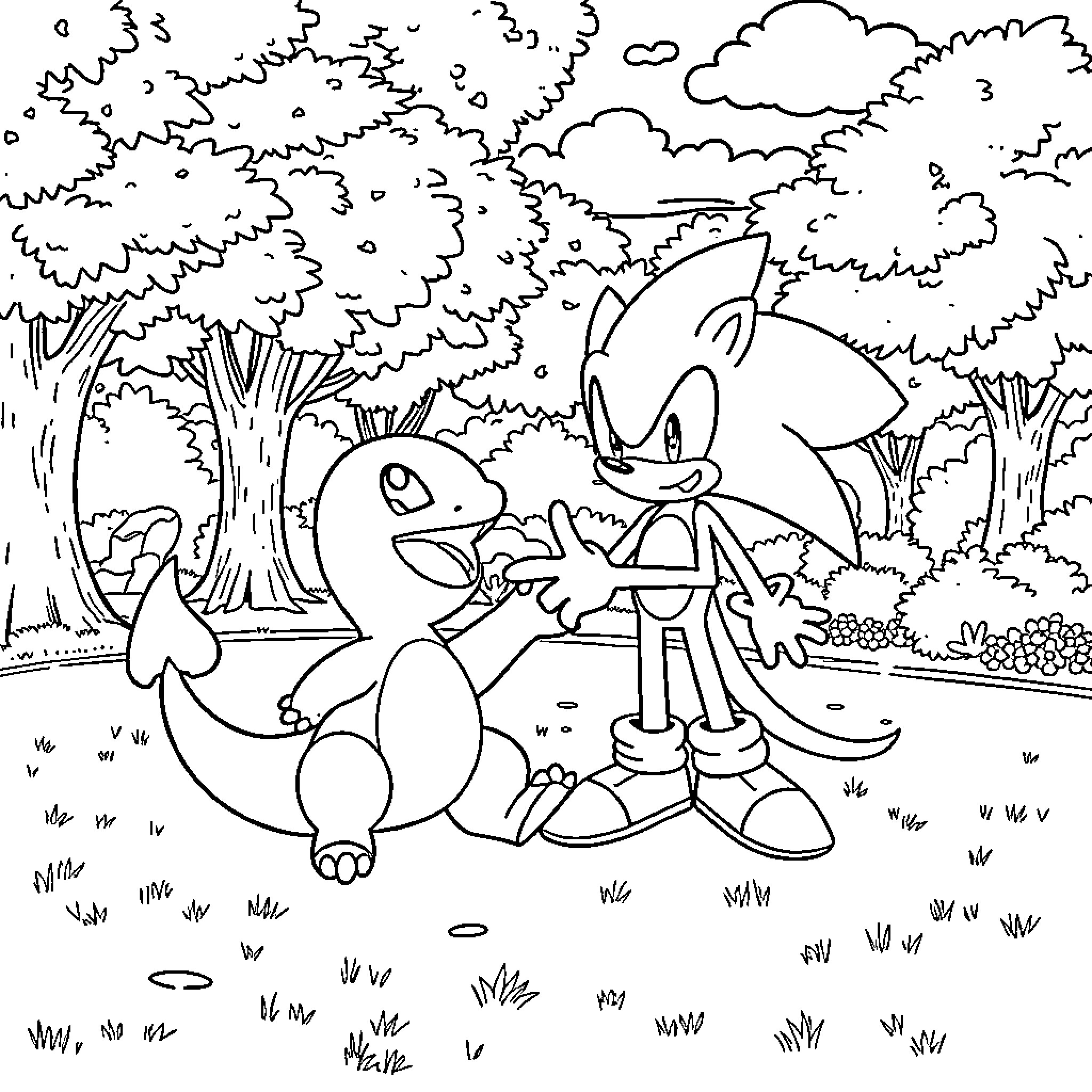 Charmander exploring the forest with a friend Coloring Page (free black-and-white line drawing printable PDF for all, from beginners to advanced learners, including children, teens, adults, and seniors)