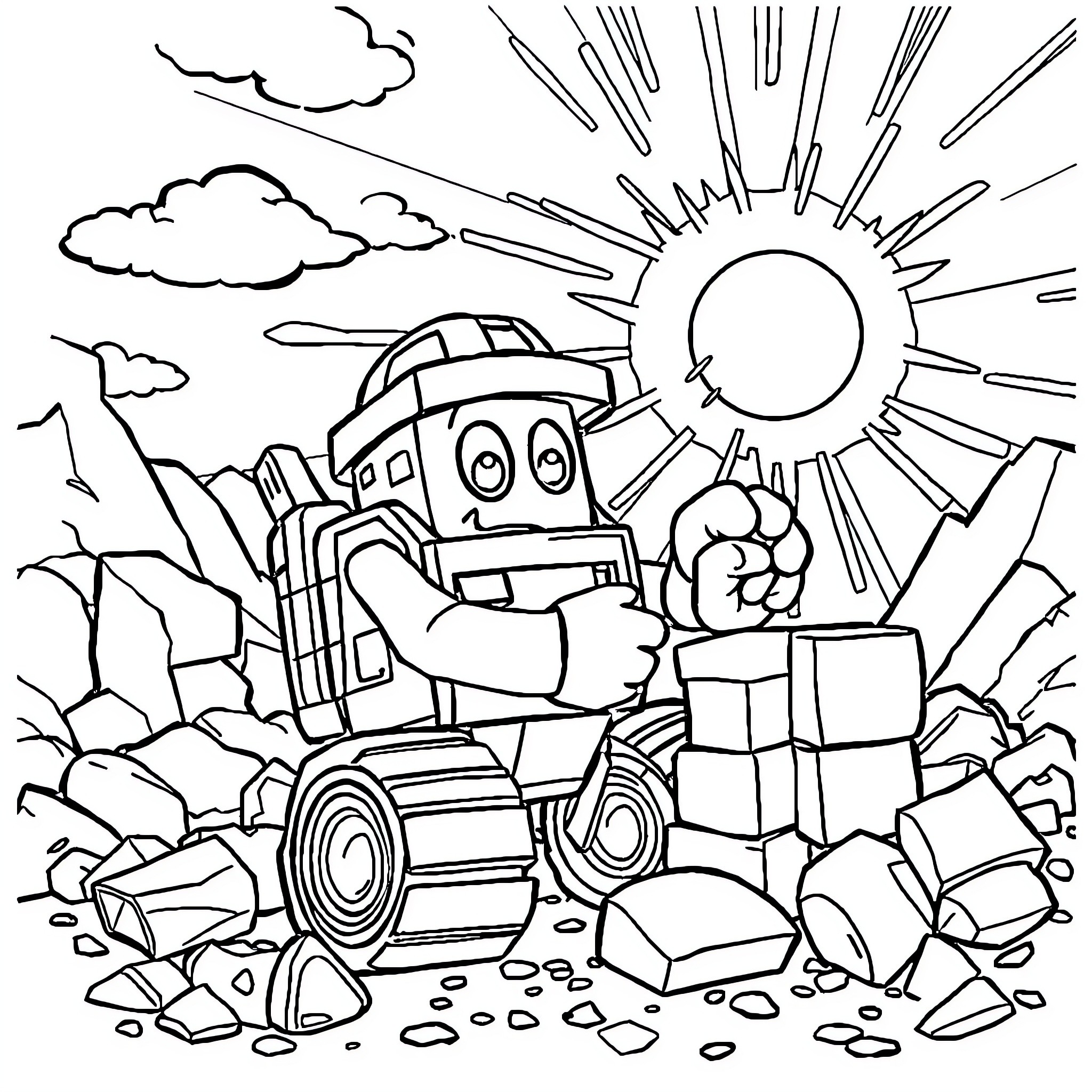 Rubble-filled scene with a cheerful cartoon truck Coloring Page (free black-and-white line drawing printable PDF for all, from beginners to advanced learners, including children, teens, adults, and seniors)