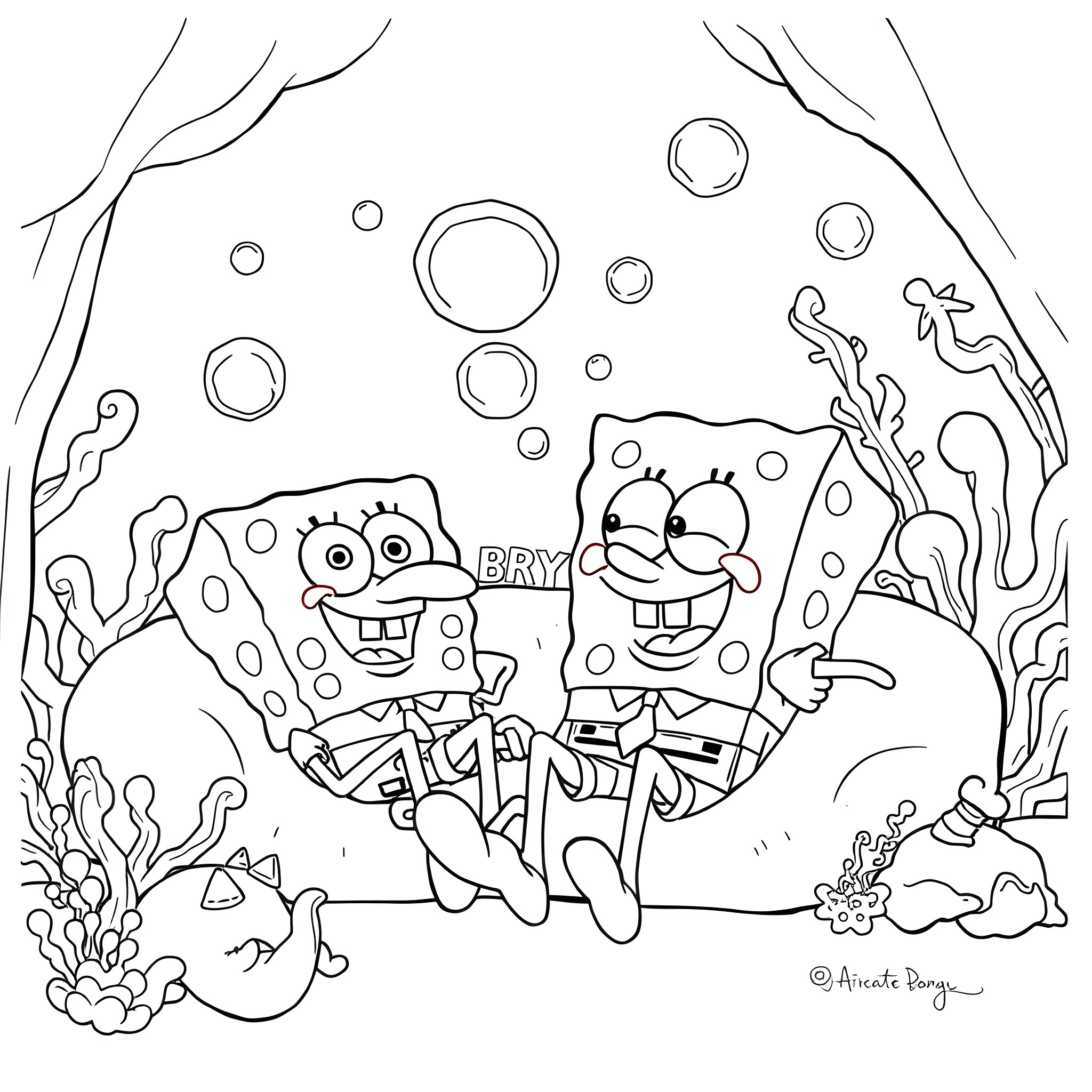 Spongebob and Patrick playing underwater Coloring Page (free black-and-white line drawing printable PDF for all, from beginners to advanced learners, including children, teens, adults, and seniors)