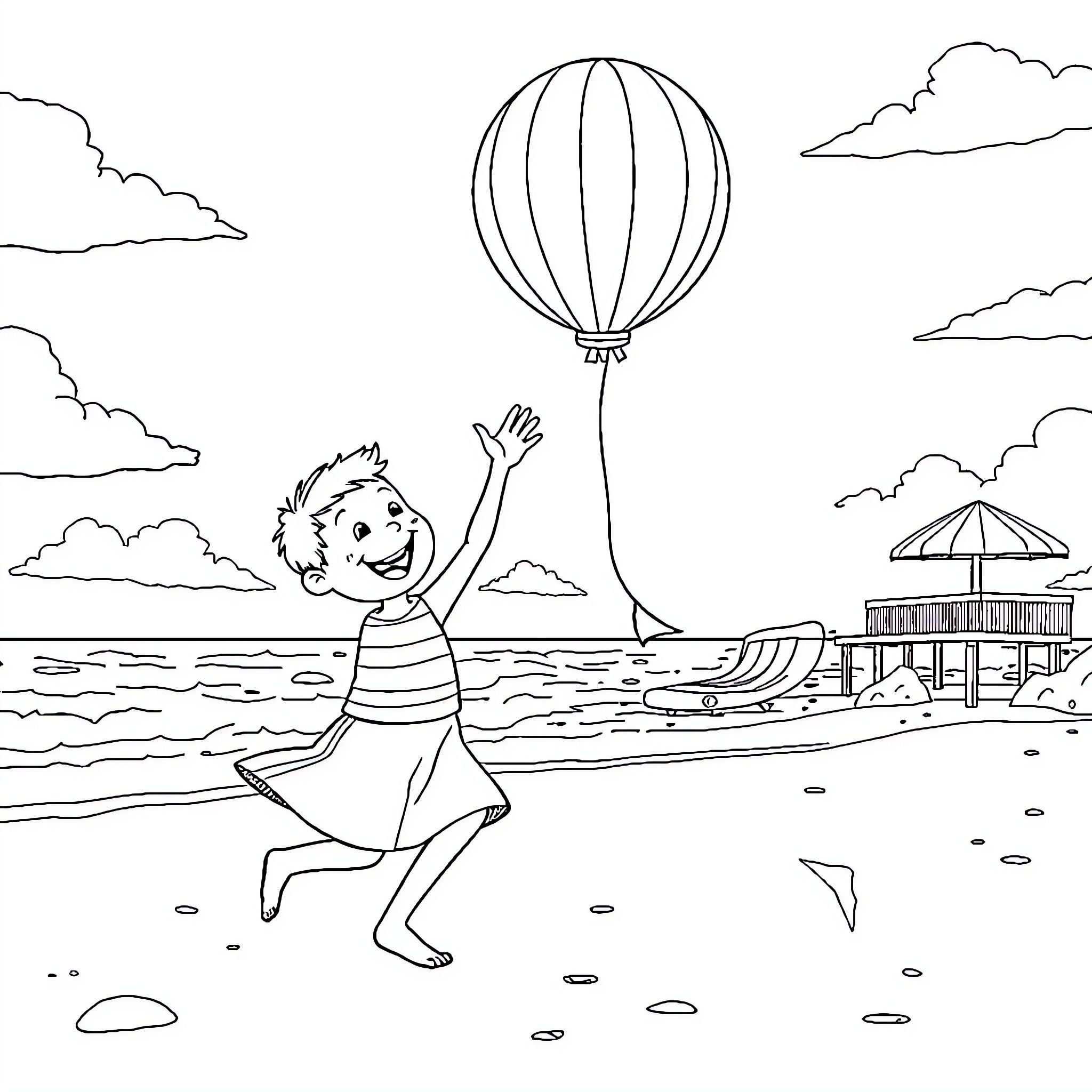 Böbo's Joyful Beach Adventure with Balloon Coloring Page (free black-and-white line drawing printable PDF for all, from beginners to advanced learners, including children, teens, adults, and seniors)