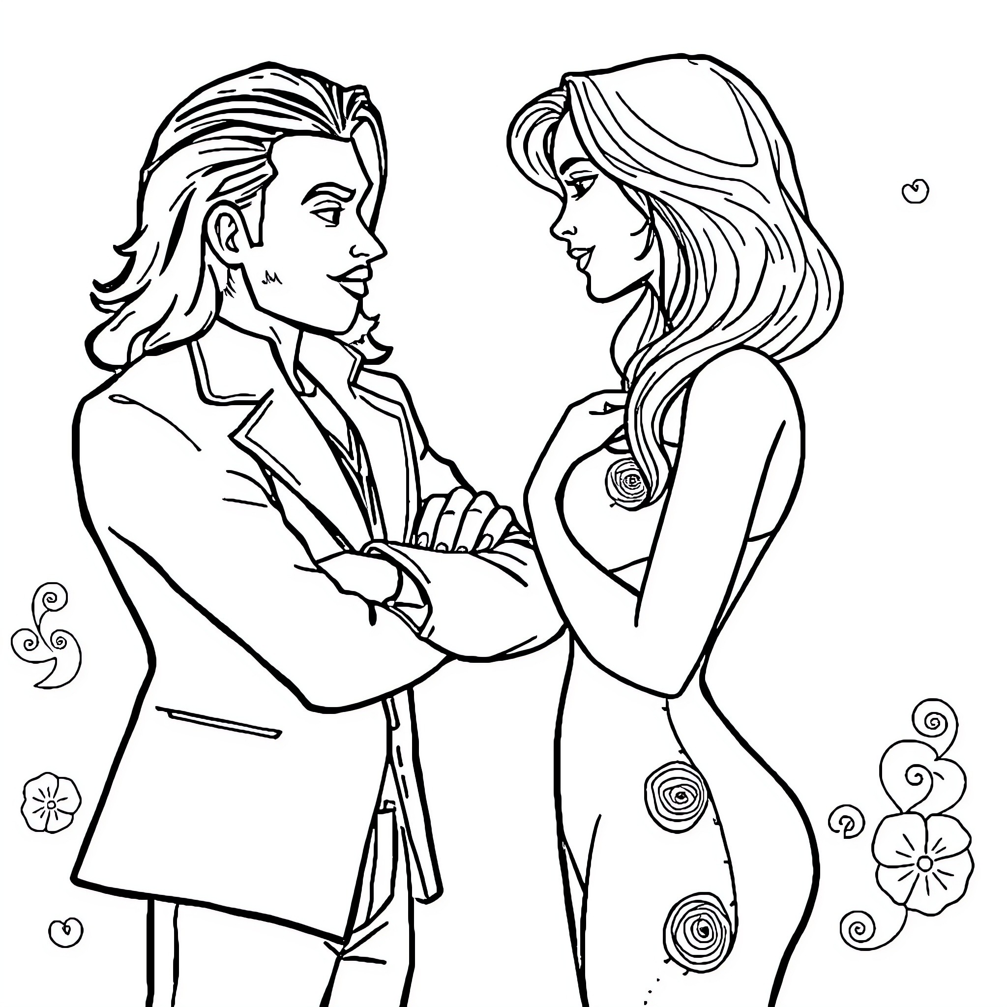 Obispo's romantic encounter with a lady Coloring Page (free black-and-white line drawing printable PDF for all, from beginners to advanced learners, including children, teens, adults, and seniors)