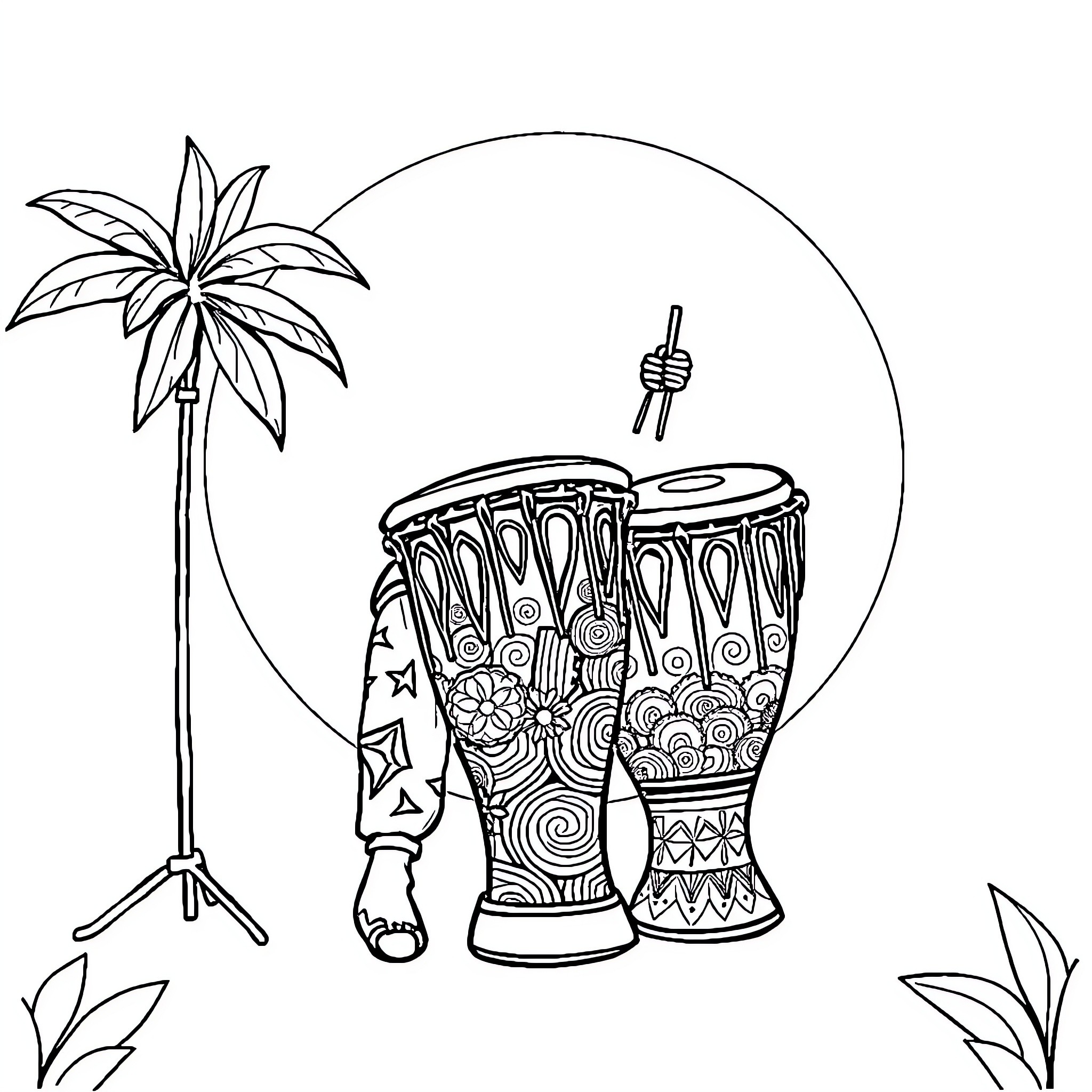 My Melody of Tropical Percussion Coloring Page (free black-and-white line drawing printable PDF for all, from beginners to advanced learners, including children, teens, adults, and seniors)