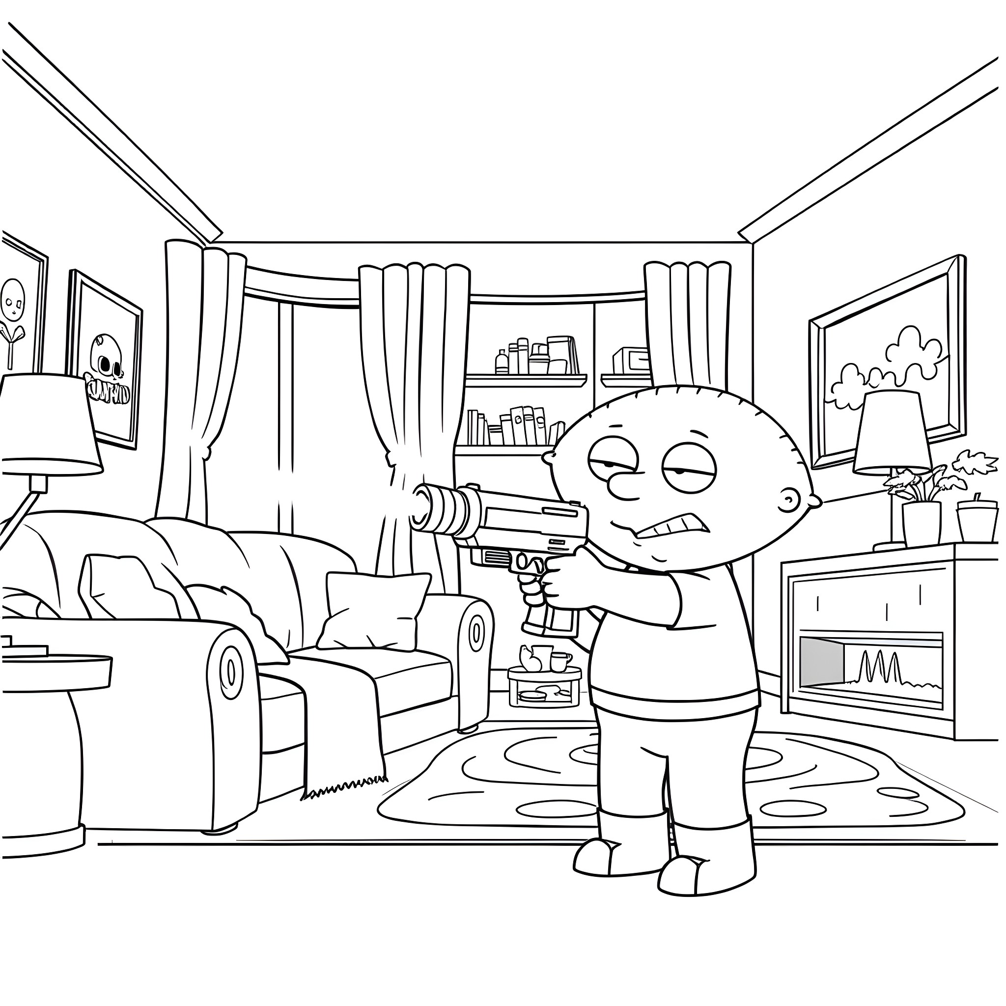 Stewie Griffin playing with toys in his room Coloring Page (free black-and-white line drawing printable PDF for all, from beginners to advanced learners, including children, teens, adults, and seniors)