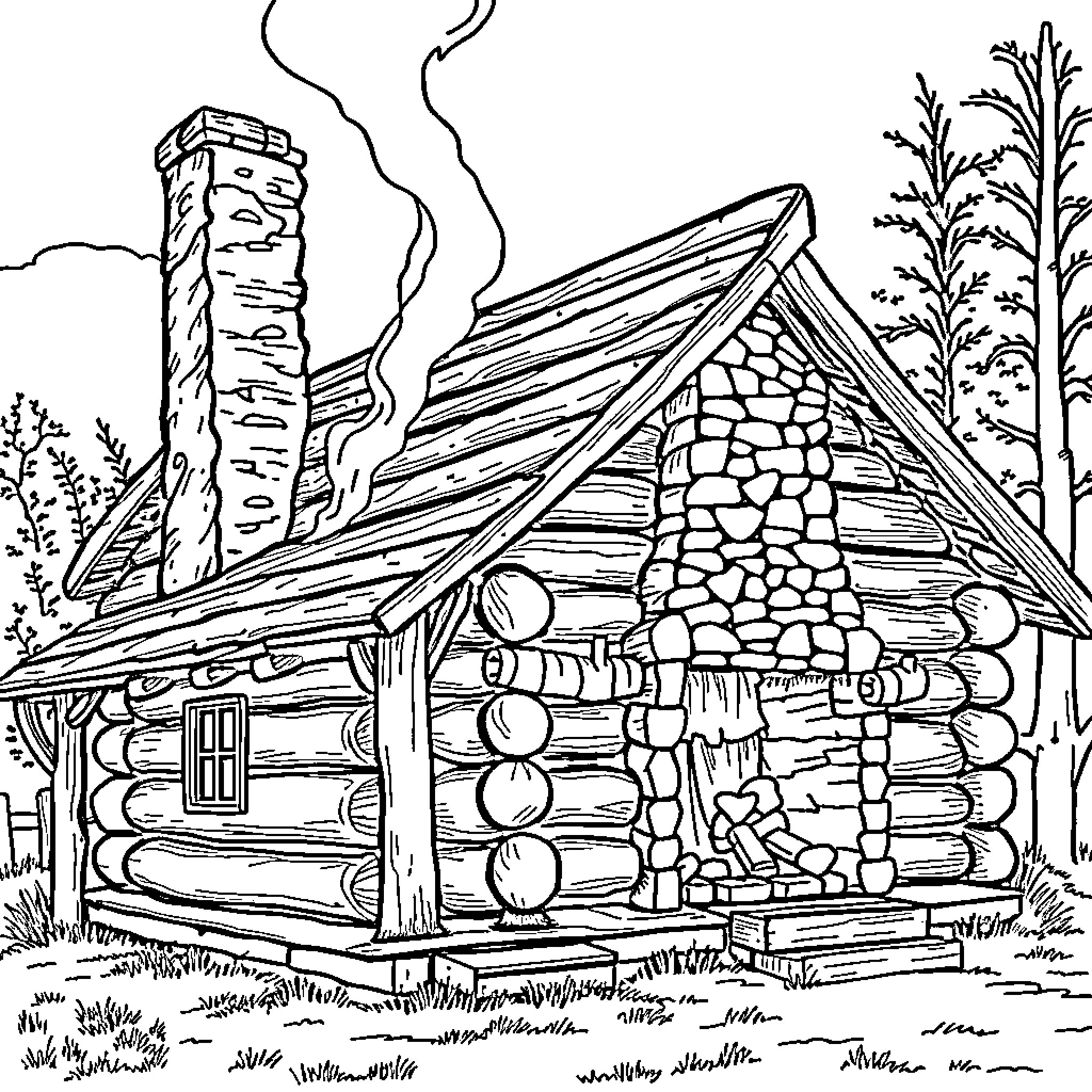 Log Cabin in the Forest Scene Coloring Page (free black-and-white line drawing printable PDF for all, from beginners to advanced learners, including children, teens, adults, and seniors)