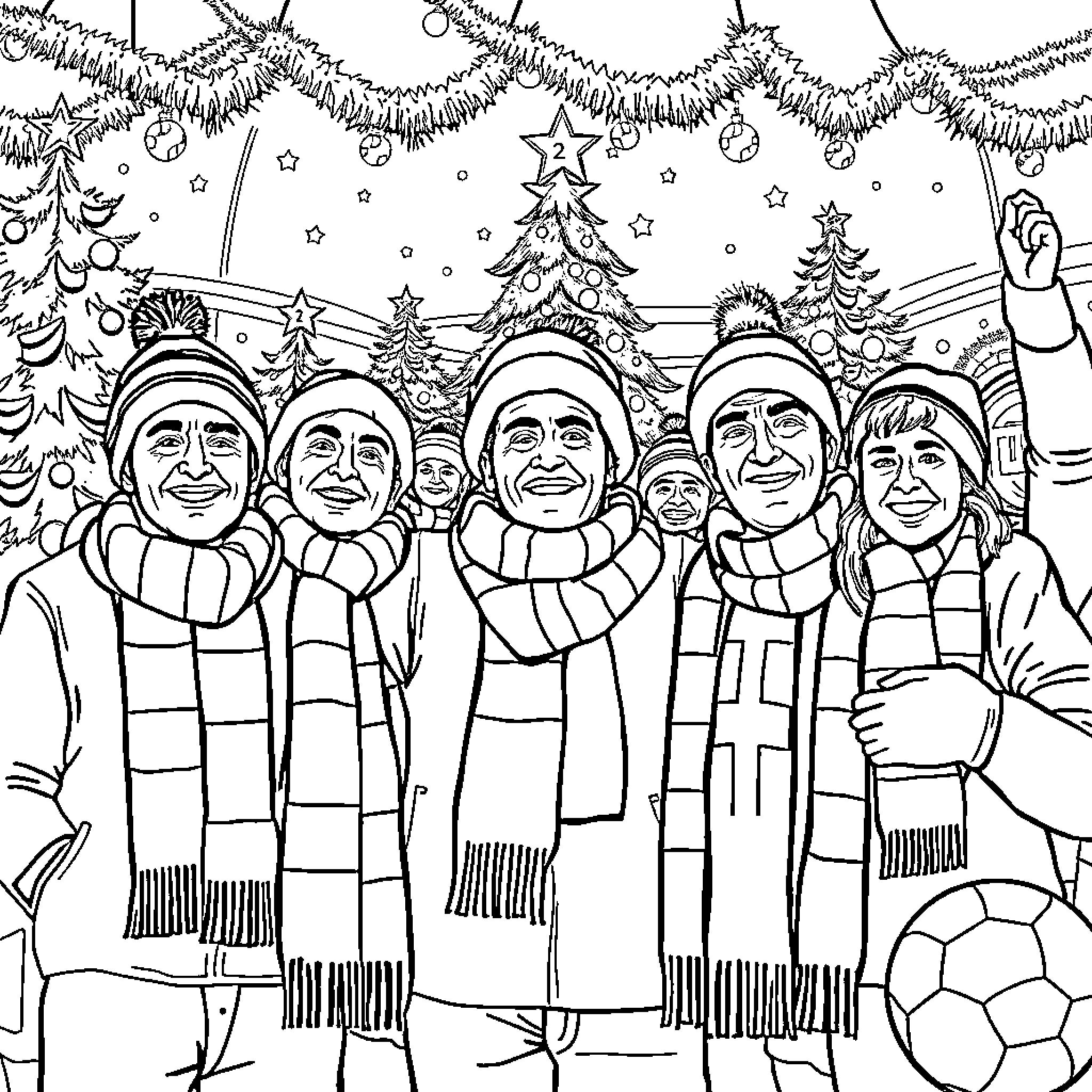 Football players celebrating in winter wonderland Coloring Page (free black-and-white line drawing printable PDF for all, from beginners to advanced learners, including children, teens, adults, and seniors)