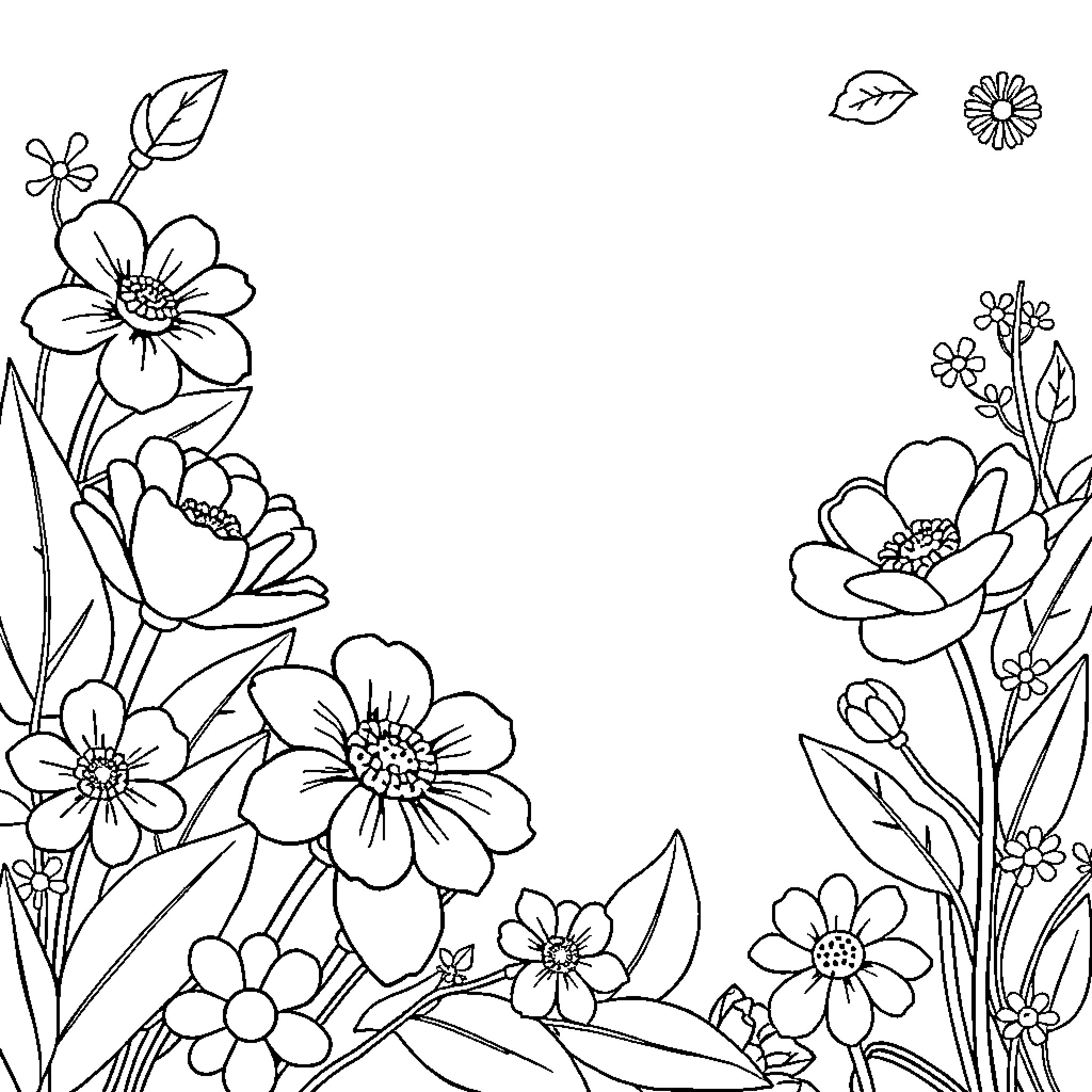 Flower garden with blooming flowers Coloring Page (free black-and-white line drawing printable PDF for all, from beginners to advanced learners, including children, teens, adults, and seniors)