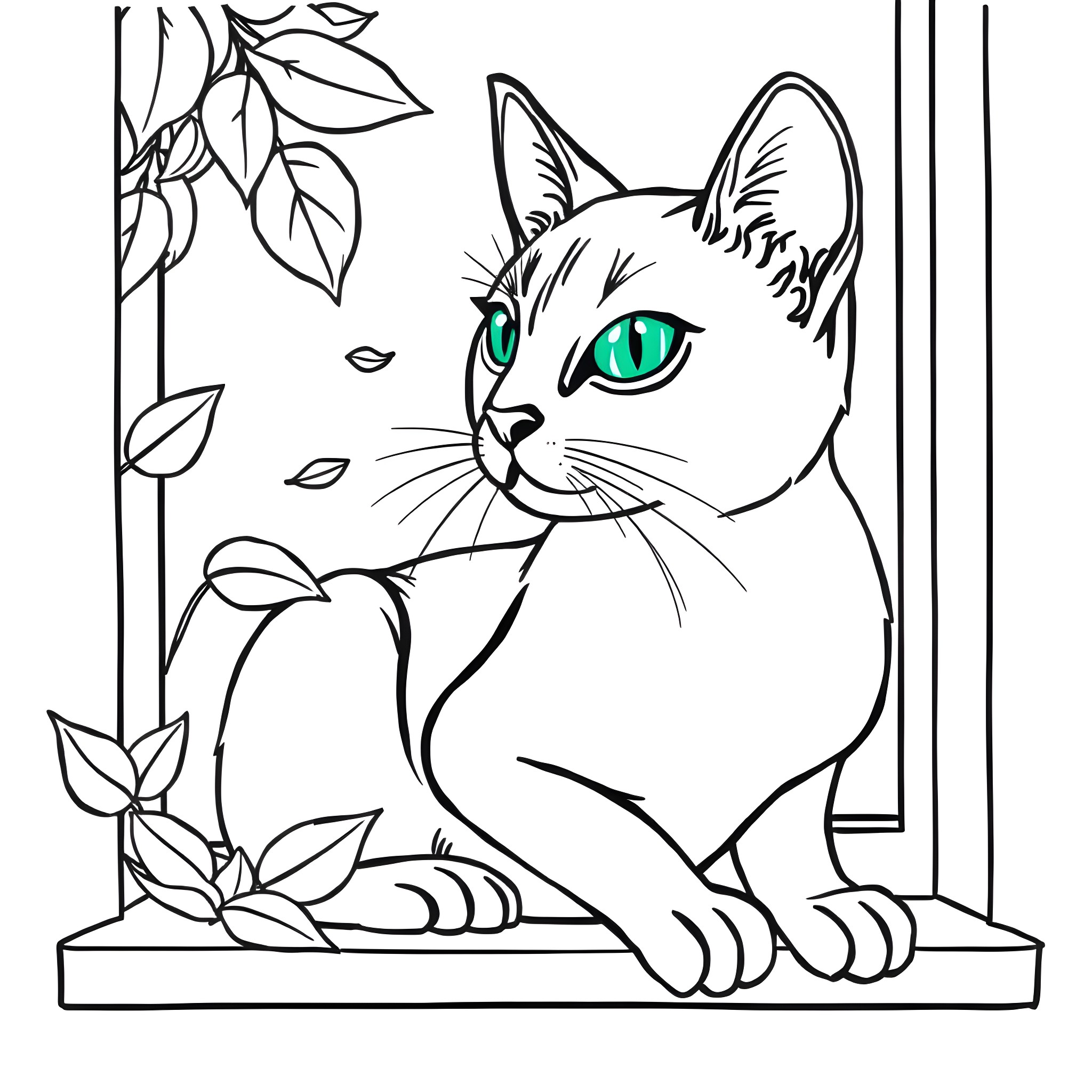 Cat sitting by the window observing nature Coloring Page (free black-and-white line drawing printable PDF for all, from beginners to advanced learners, including children, teens, adults, and seniors)