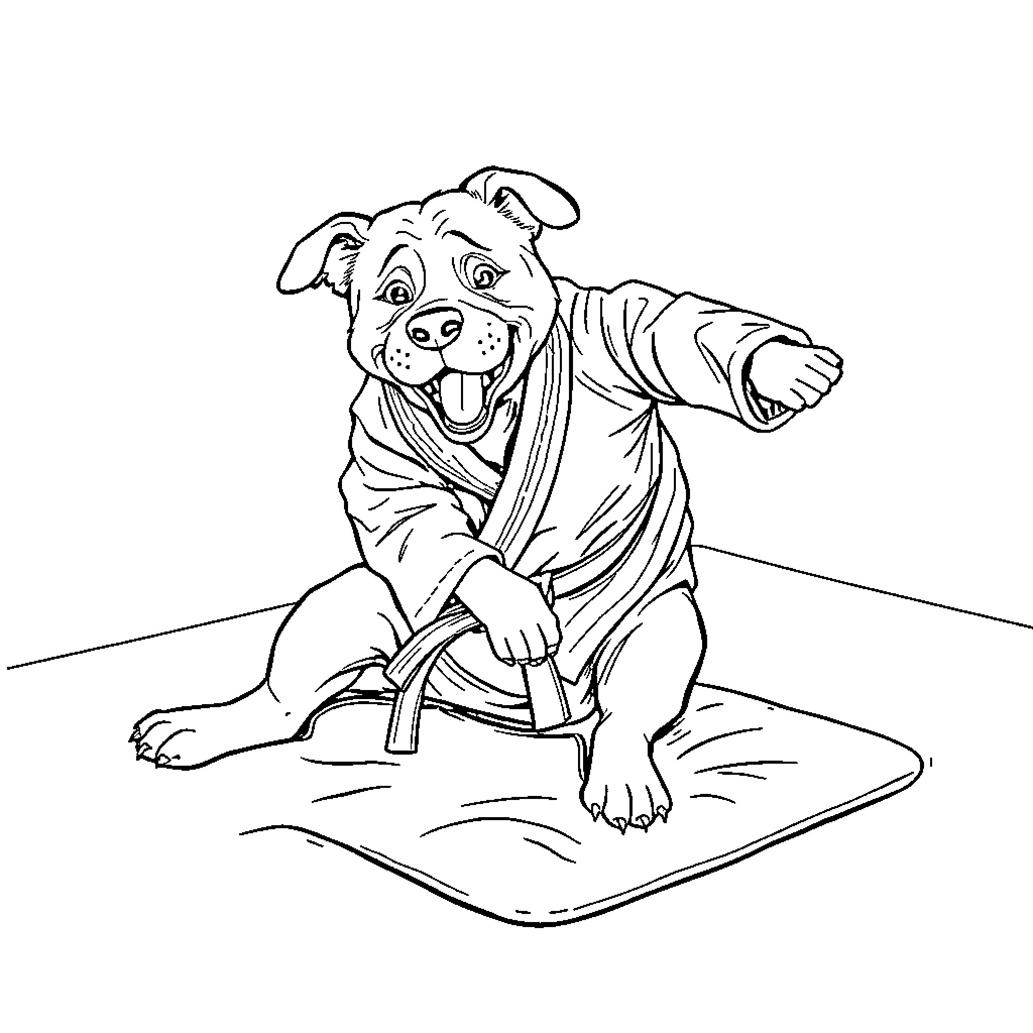 Dog wearing robe relaxing on a cushion Coloring Page (free black-and-white line drawing printable PDF for all, from beginners to advanced learners, including children, teens, adults, and seniors)