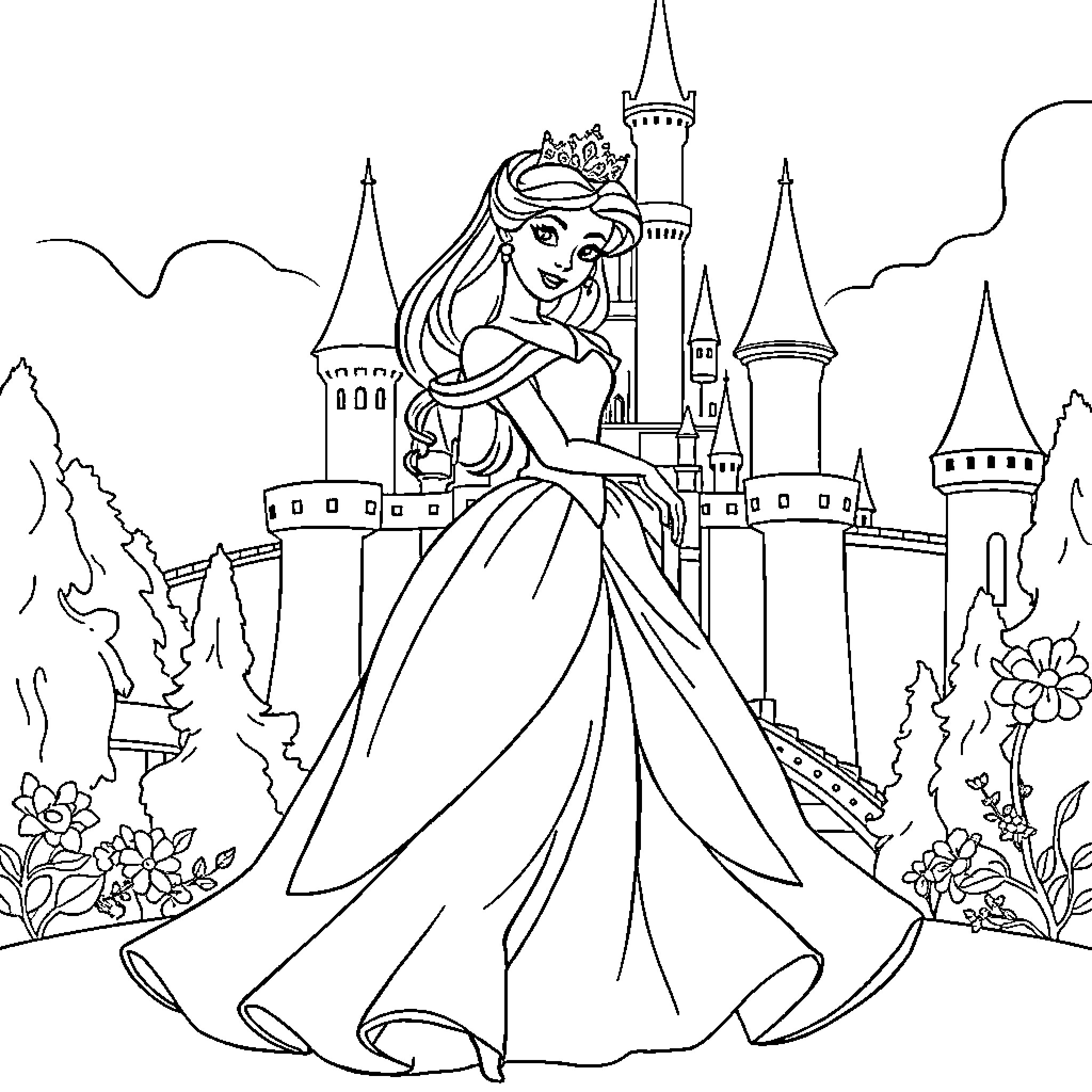 Princess in a Regal Gown Stands before a Majestic Castle Coloring Page (free black-and-white line drawing printable PDF for all, from beginners to advanced learners, including children, teens, adults, and seniors)