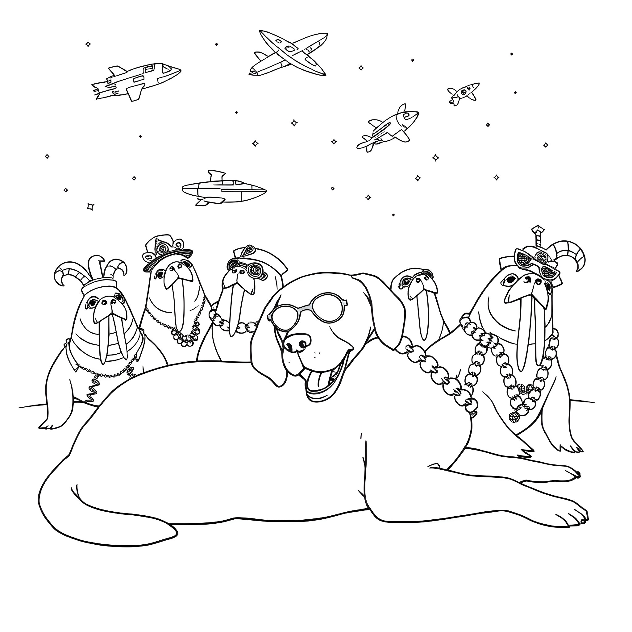 Labrador and friends in a whimsical space adventure Coloring Page (free black-and-white line drawing printable PDF for all, from beginners to advanced learners, including children, teens, adults, and seniors)