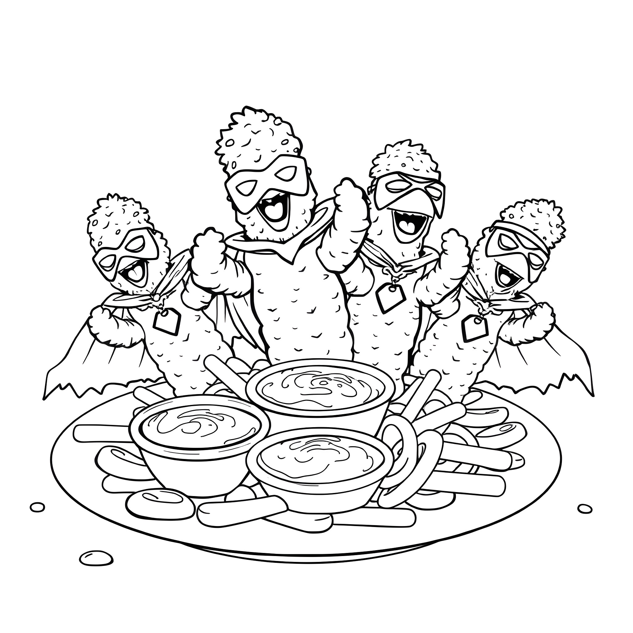 Chicken Tender friends enjoying a tasty meal together Coloring Page (free black-and-white line drawing printable PDF for all, from beginners to advanced learners, including children, teens, adults, and seniors)