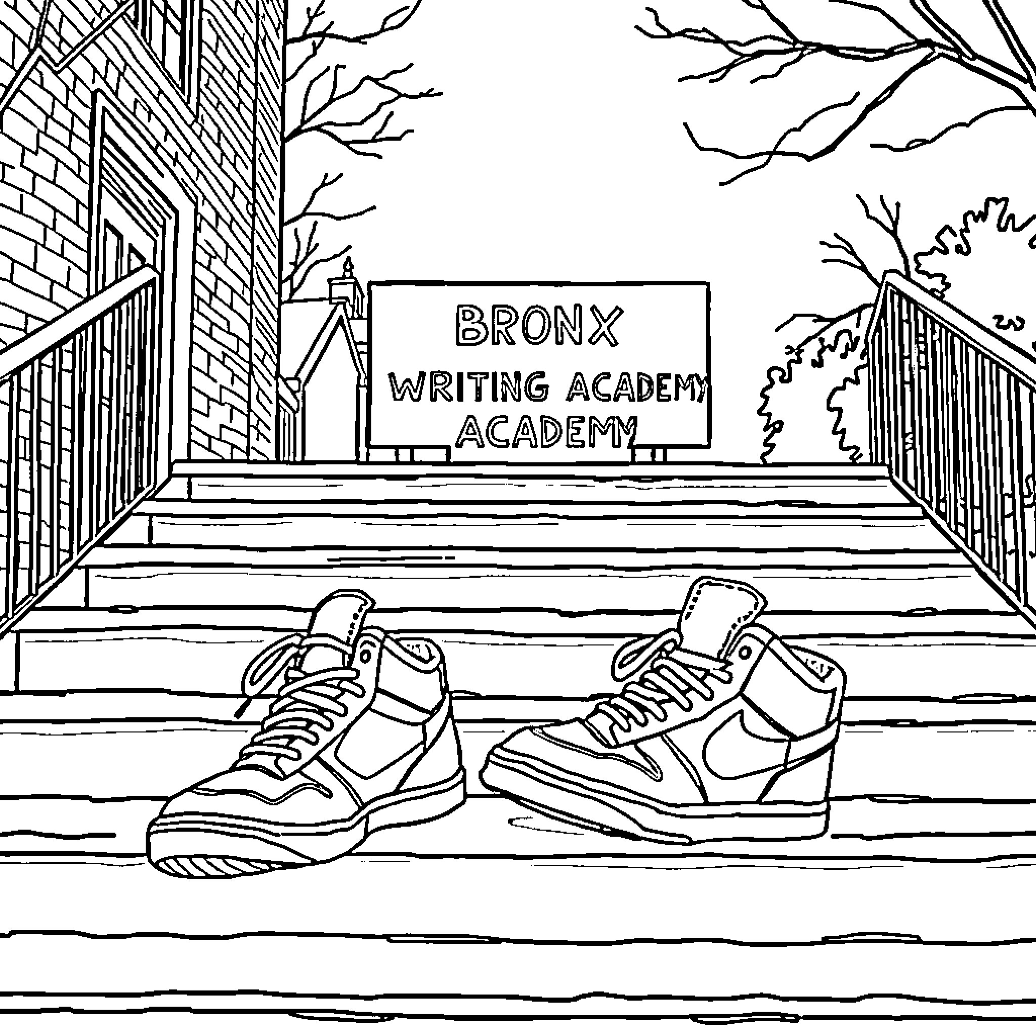 Sneaker pair in front of the Bronx Writing Academy Coloring Page (free black-and-white line drawing printable PDF for all, from beginners to advanced learners, including children, teens, adults, and seniors)