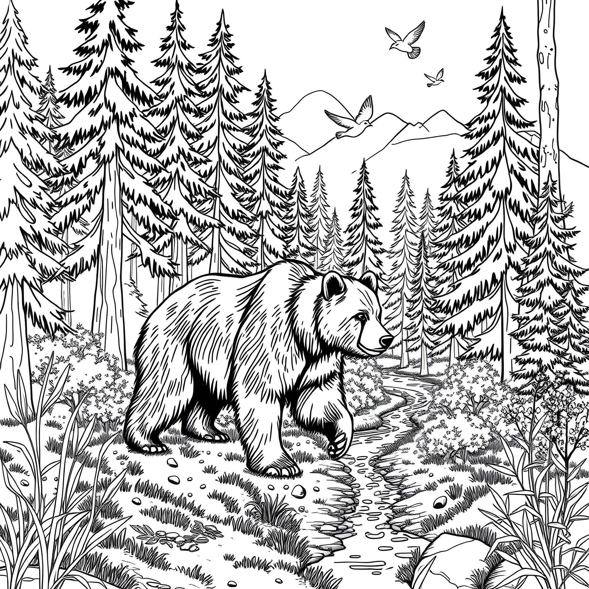 Bear walking in the serene forest landscape Coloring Page (free black-and-white line drawing printable PDF for all, from beginners to advanced learners, including children, teens, adults, and seniors)