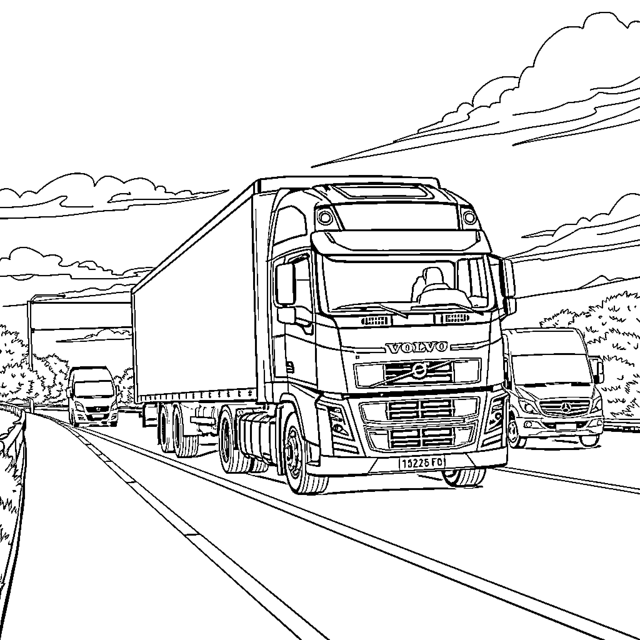 Camion Transporting Cargo on Rural Highway Coloring Page (free black-and-white line drawing printable PDF for all, from beginners to advanced learners, including children, teens, adults, and seniors)